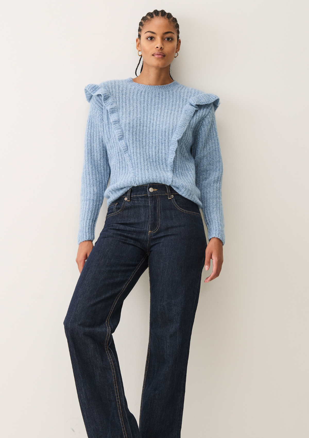 Silk & Cashmere Frilled Sweater in Frosty Blue