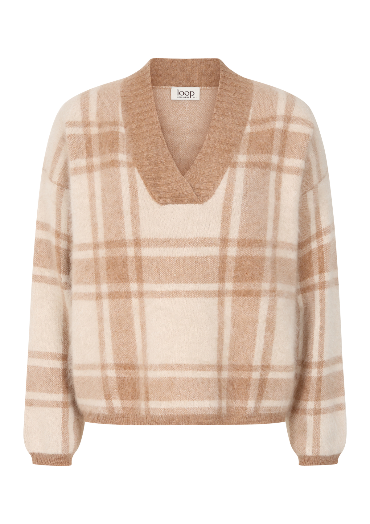 Brushed Checked Sweater in Porcelaine White & Woodcarving Brown