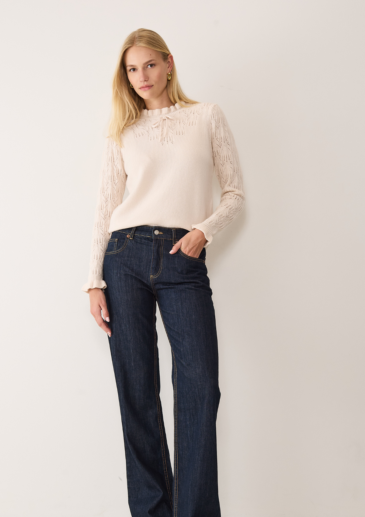 Tie Neck Pointelle Sweater in Feather Neutral