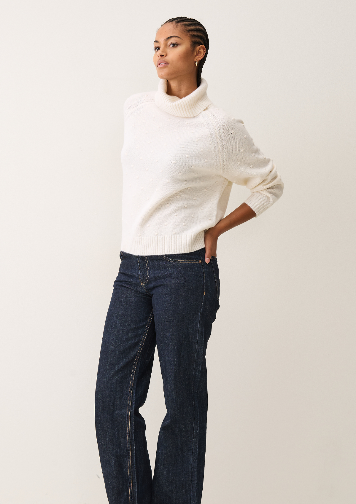 Bobble Polo Neck Sweater in Snow White