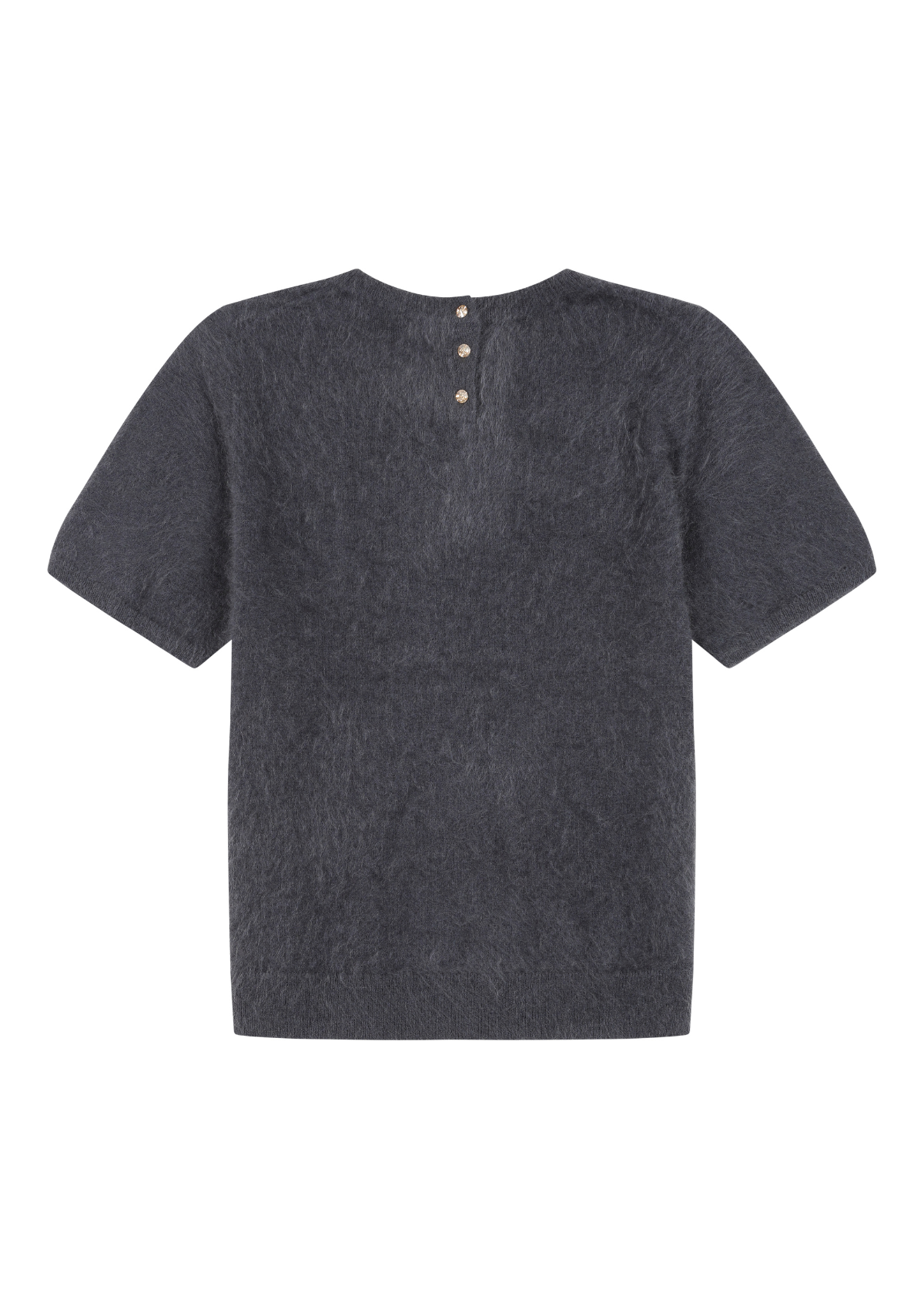 Short-Sleeved Brushed Cashmere Sweater with Jewelled Buttons in Universe Grey