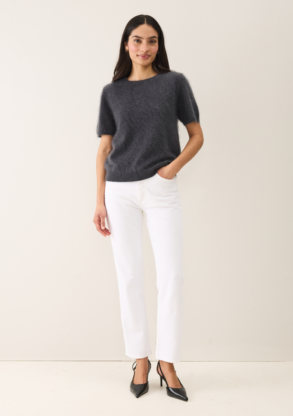 Short Sleeved Brushed Sweater Jewelled Buttons Universe