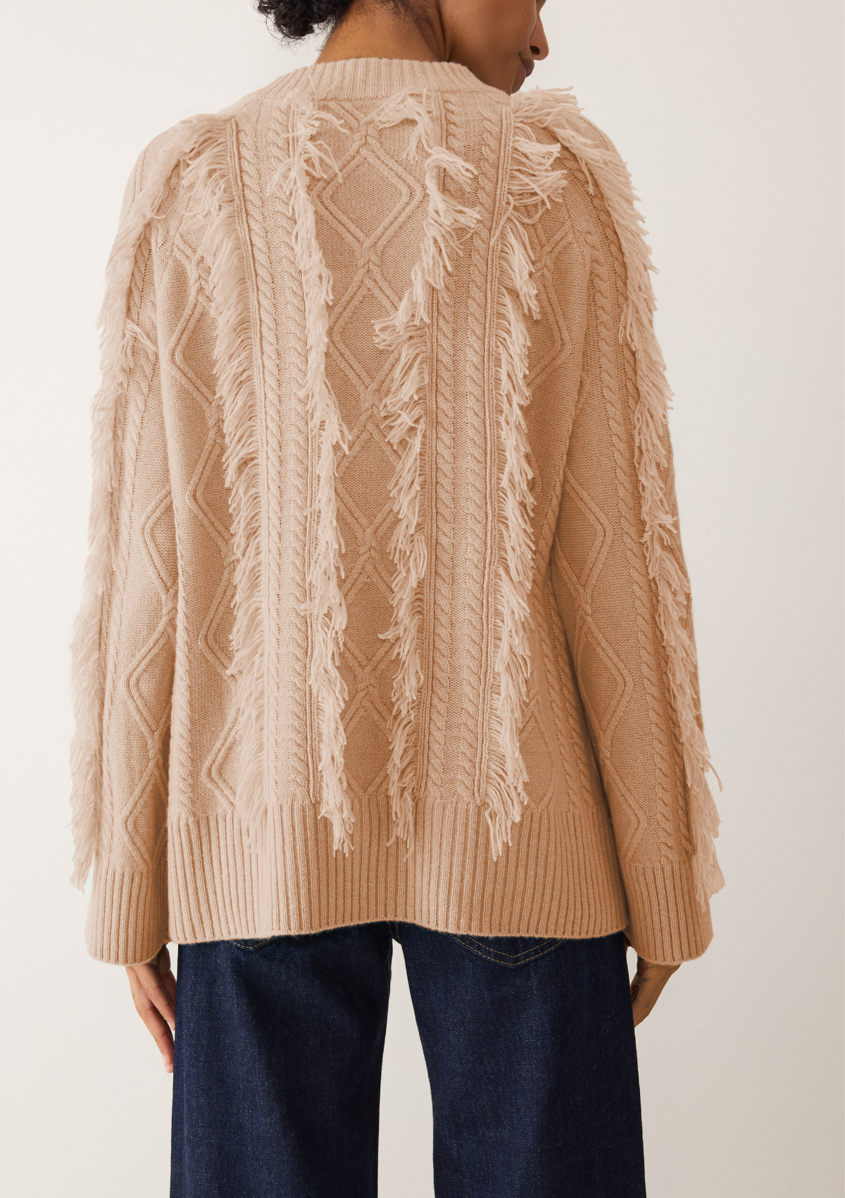 Fringed Cabled Sweater in Toffee