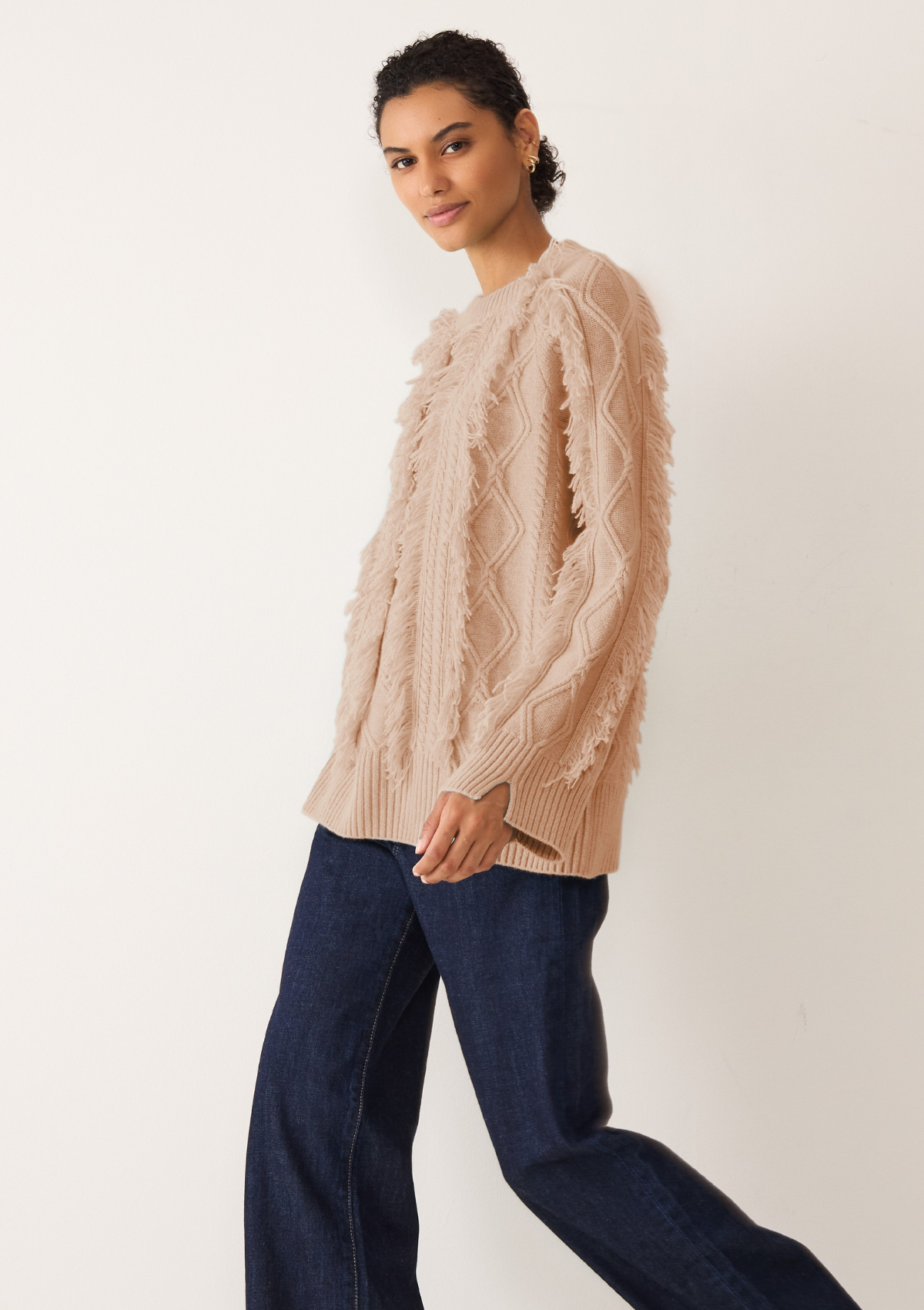 Fringed Cabled Sweater in Toffee