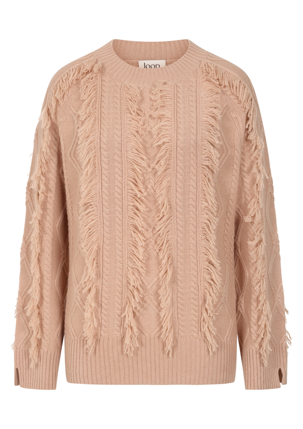 Fringed Cabled Sweater in Toffee