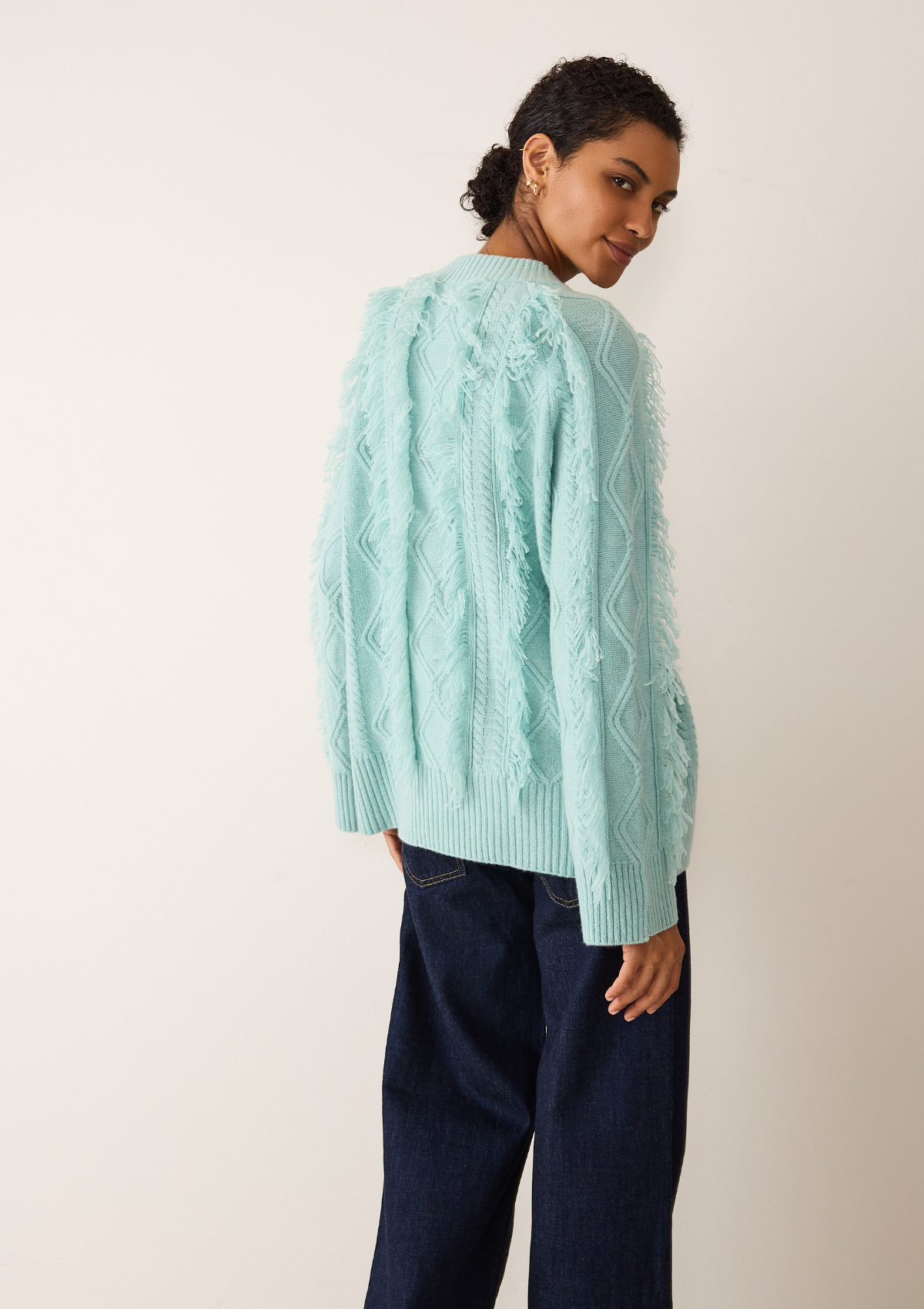 Fringed Cabled Sweater in Seafoam Green