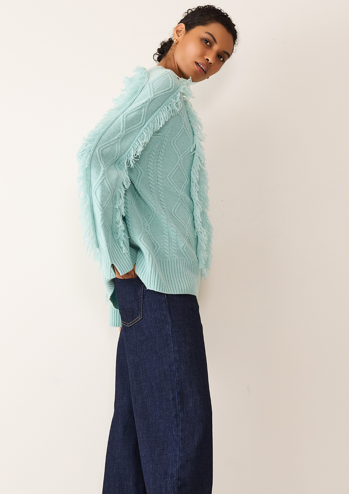 Fringed Cabled Sweater in Seafoam Green
