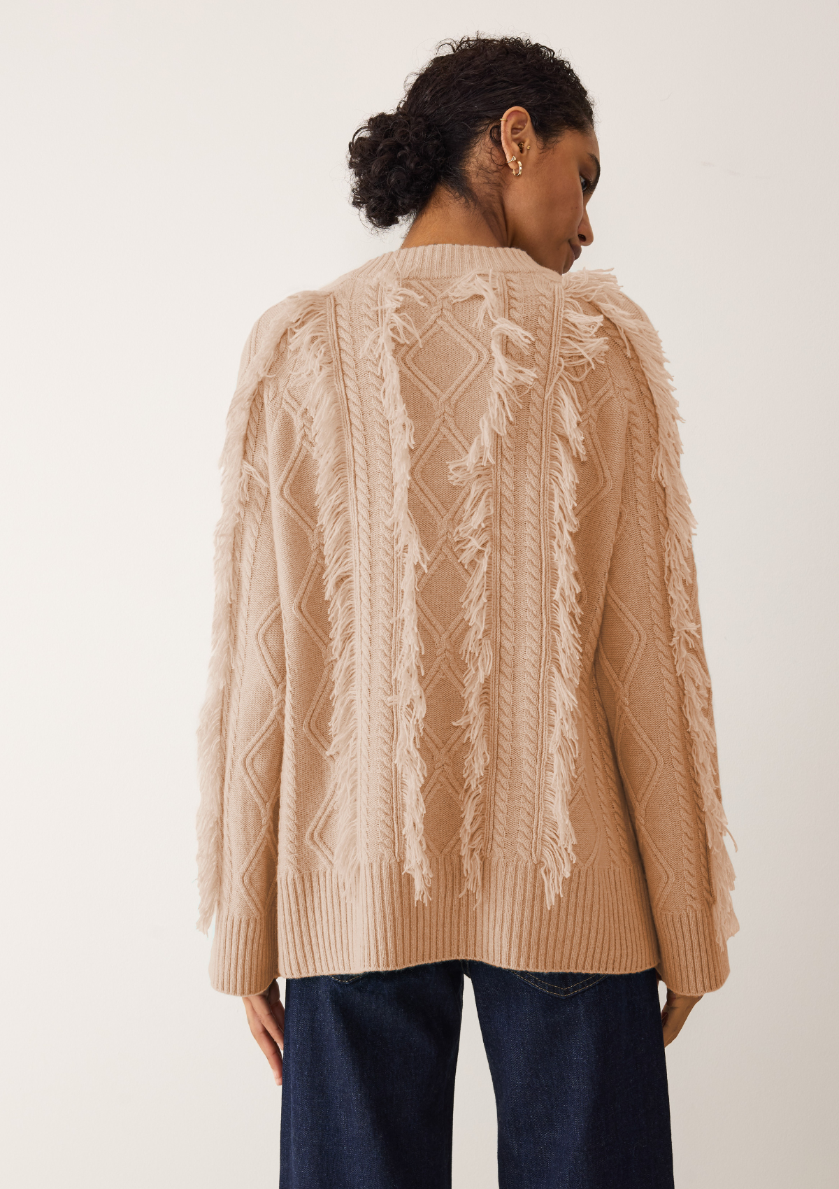 Fringed Cabled Sweater in Toffee