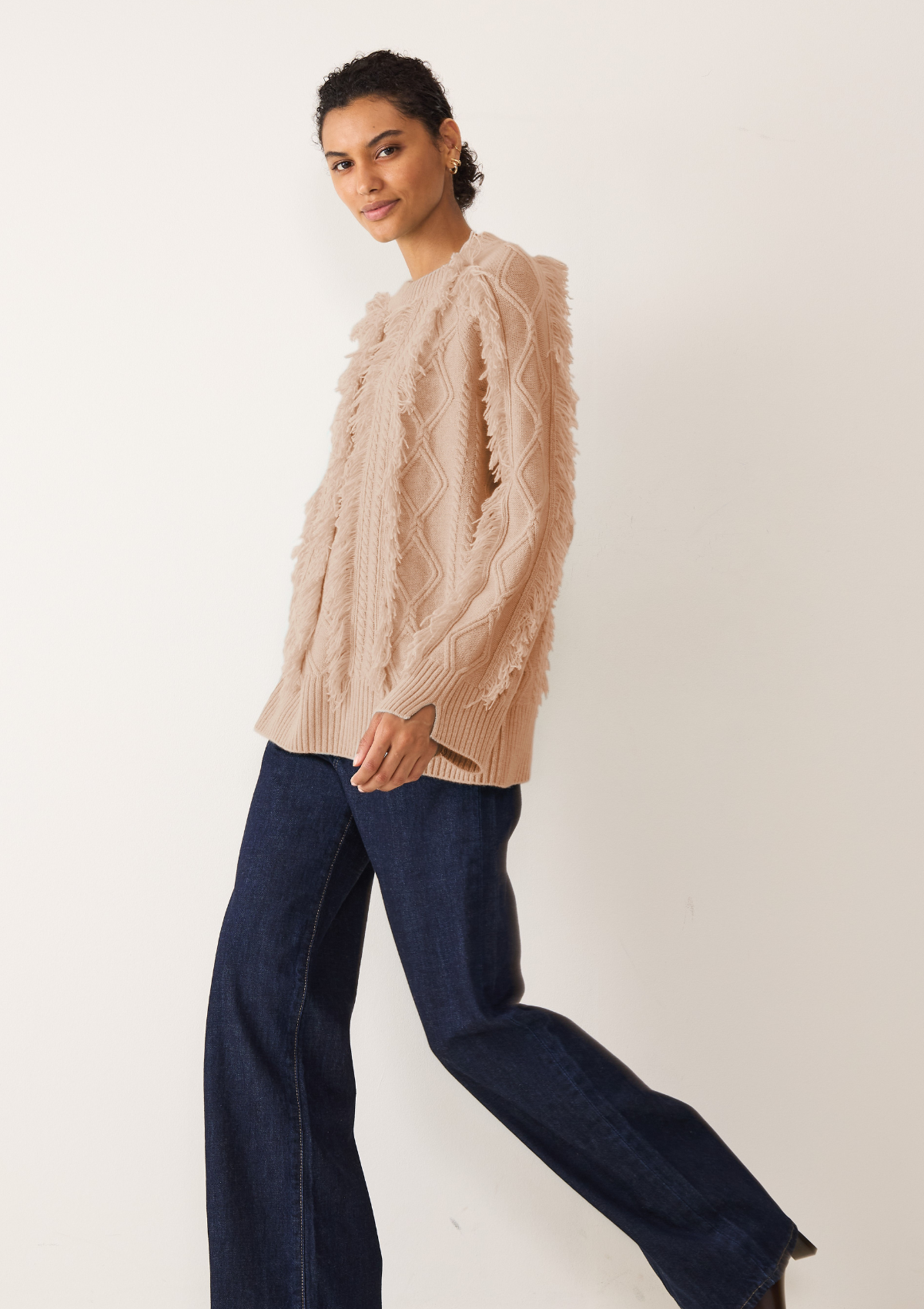 Fringed Cabled Sweater in Toffee