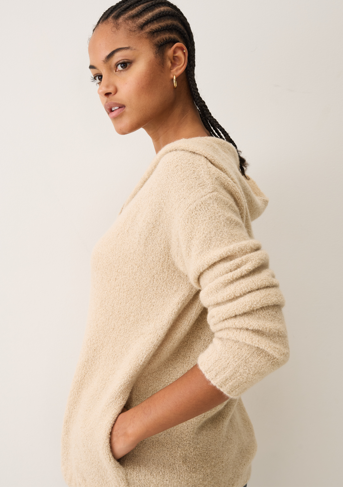 Boucle Hooded Sweater in Smoke Beige