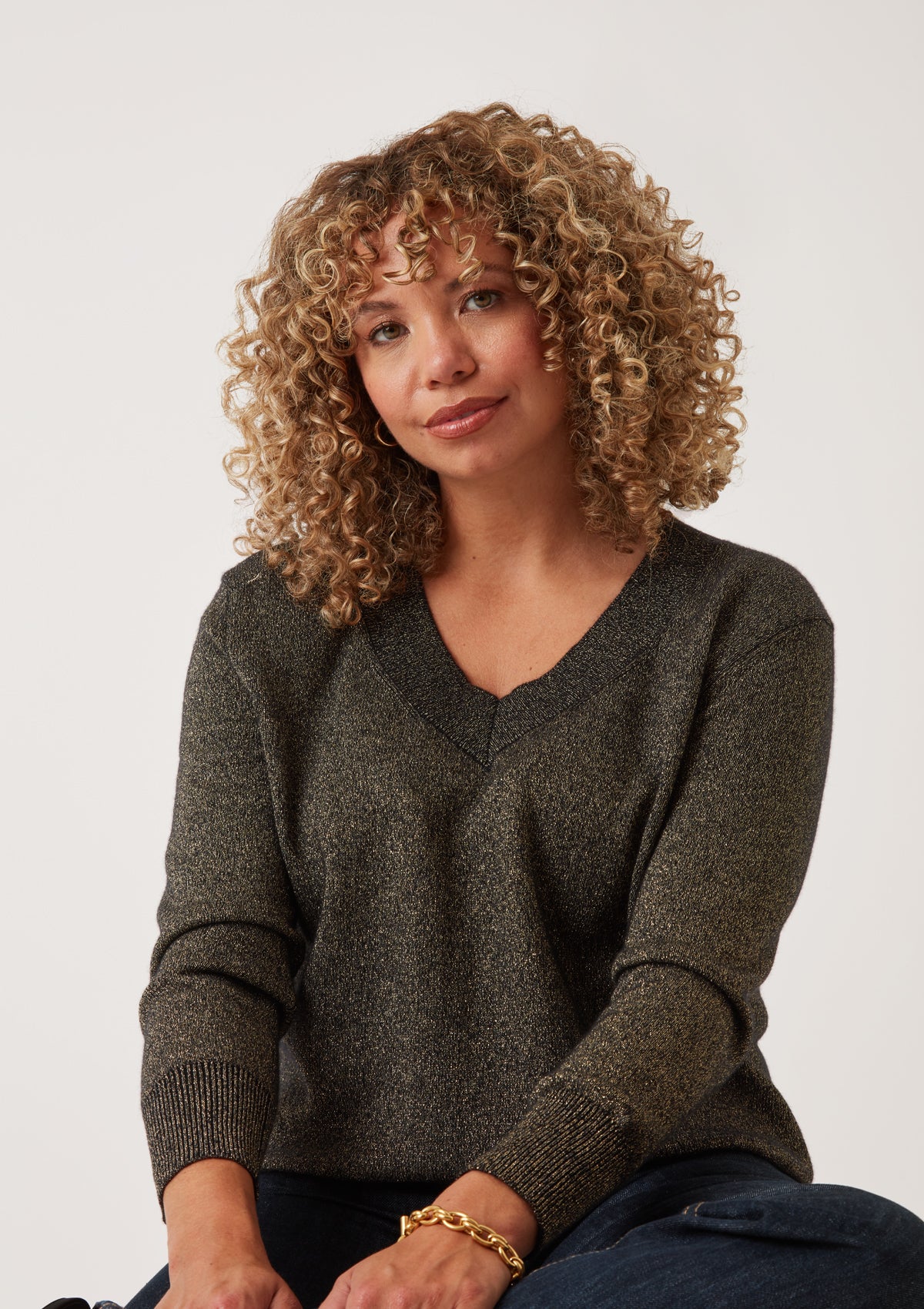 V-Neck Sweater in Black & Gold Lurex Twist
