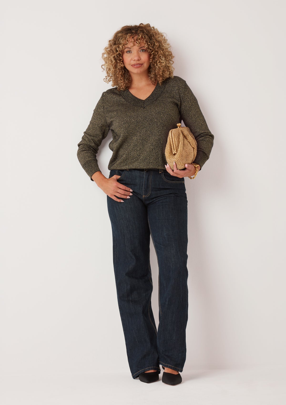 V-Neck Sweater in Black & Gold Lurex Twist