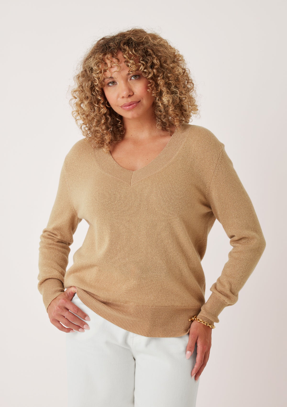 Lurex V Neck Sweater in Honey