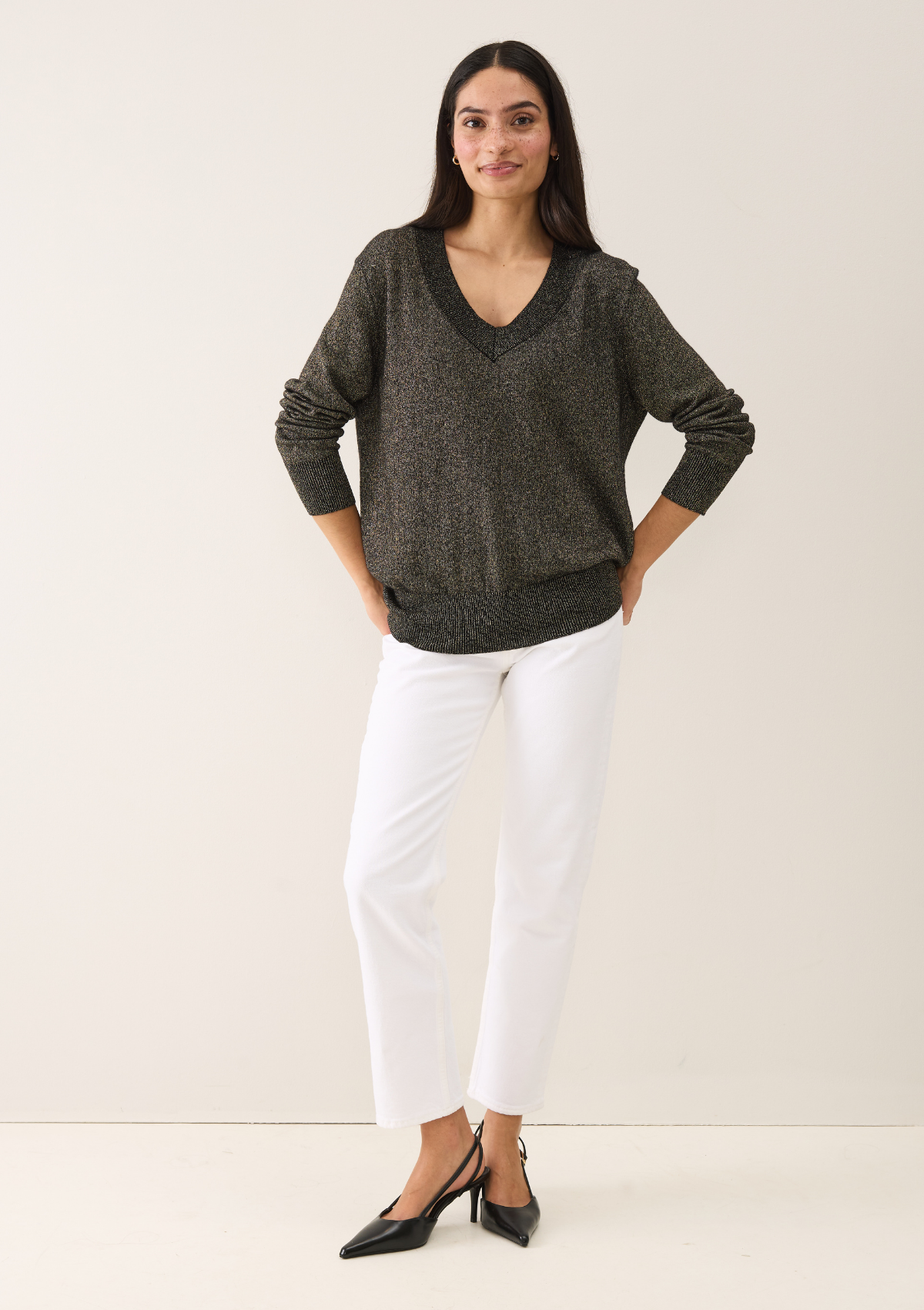 V-Neck Sweater in Black & Gold Lurex Twist