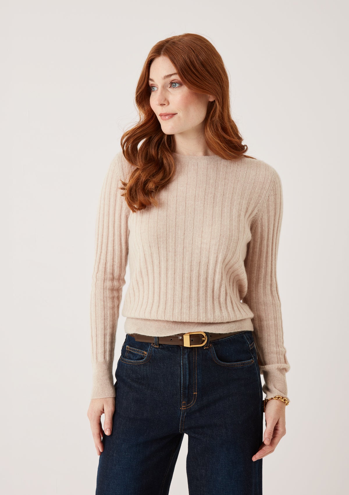 Cashmere Wide Rib Sweater in Wheat