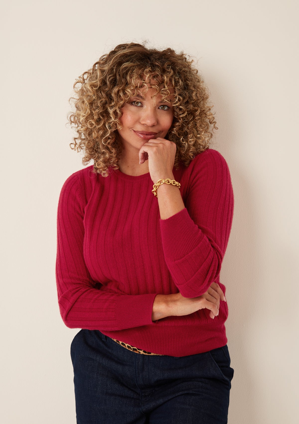 Cashmere Wide Rib Sweater in Garnet Red