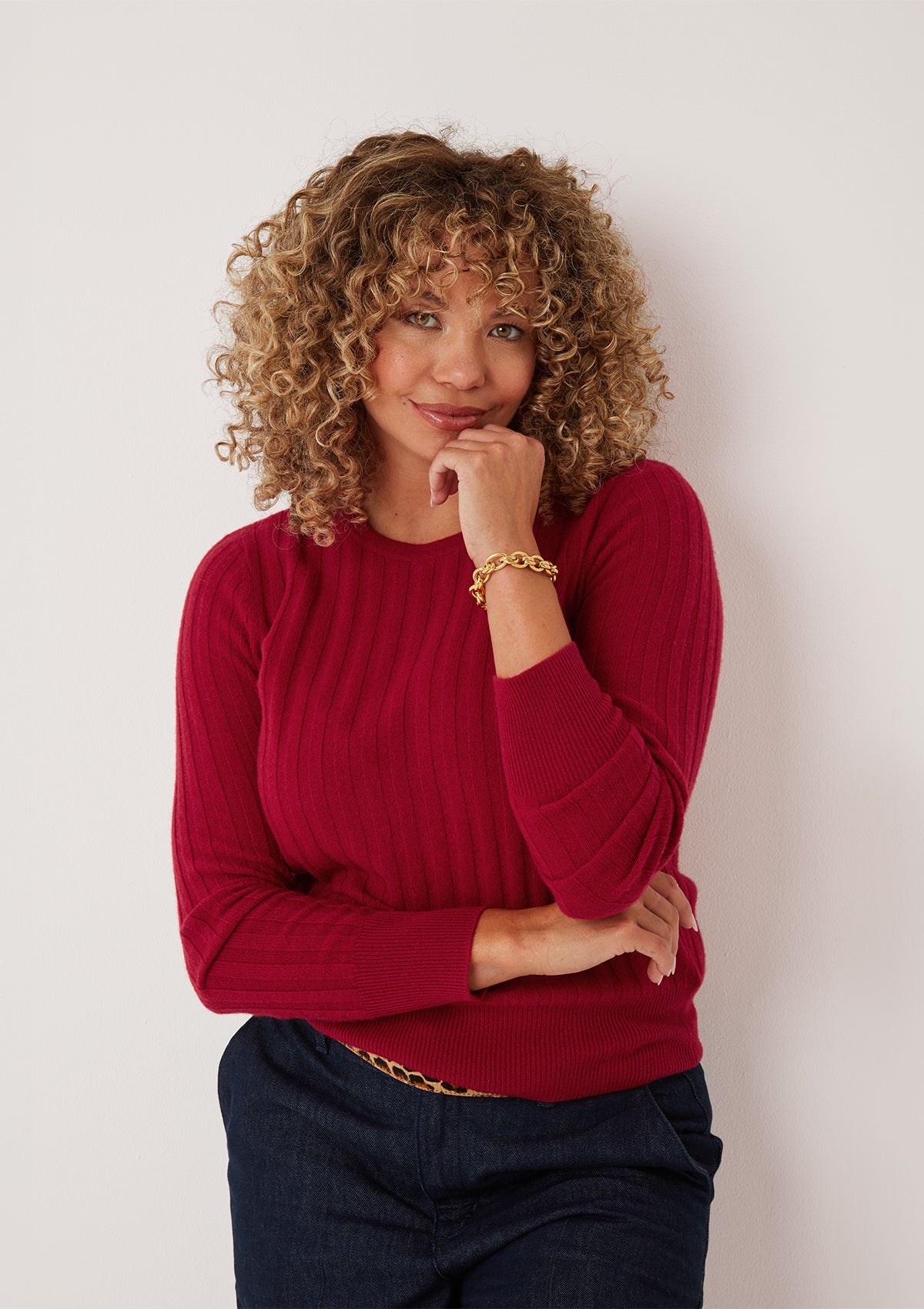 Cashmere Wide Rib Sweater in Garnet Red