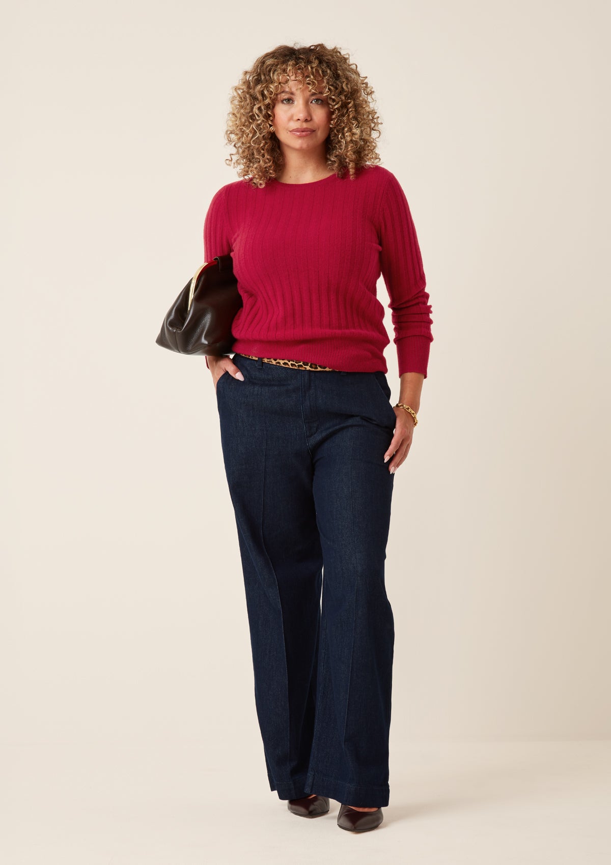 Cashmere Wide Rib Sweater in Garnet Red