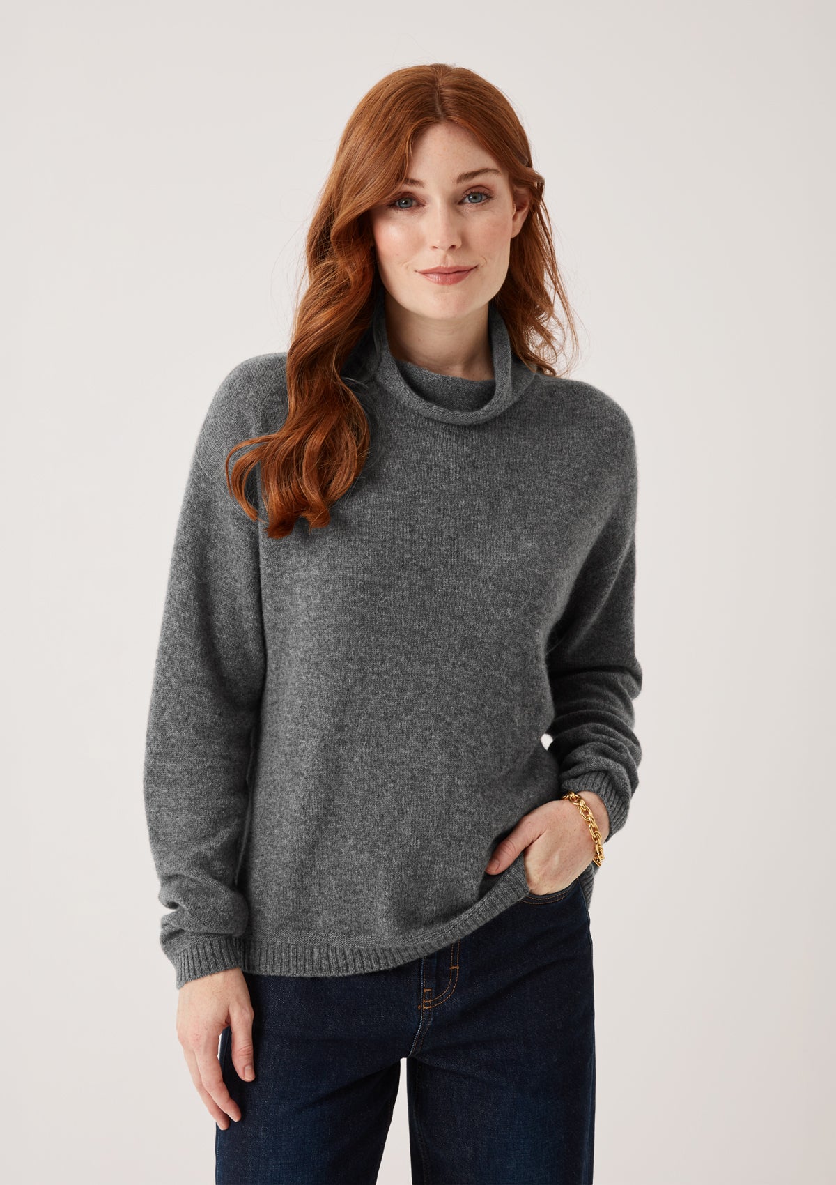 Featherweight Roll Neck Sweater in Pewter Grey