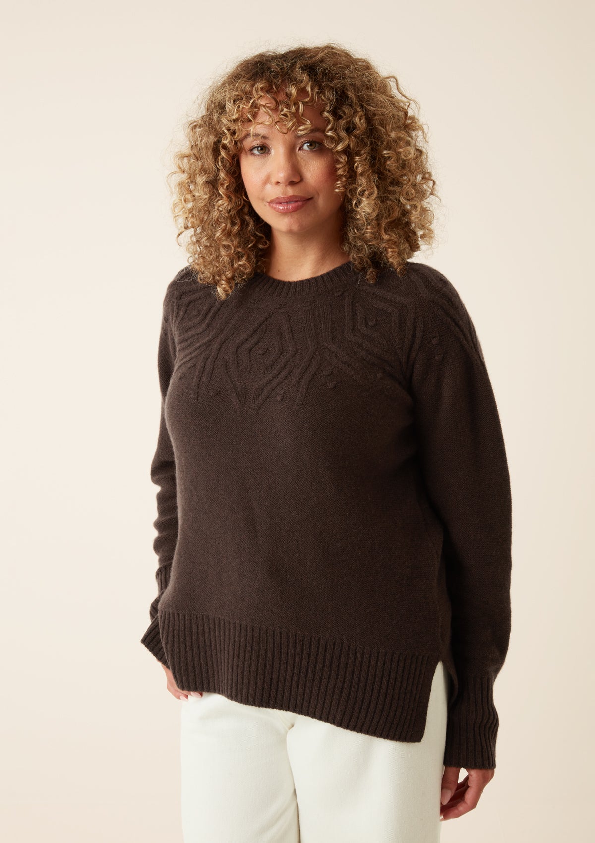 Cable Yoke Sweater in Americano Brown