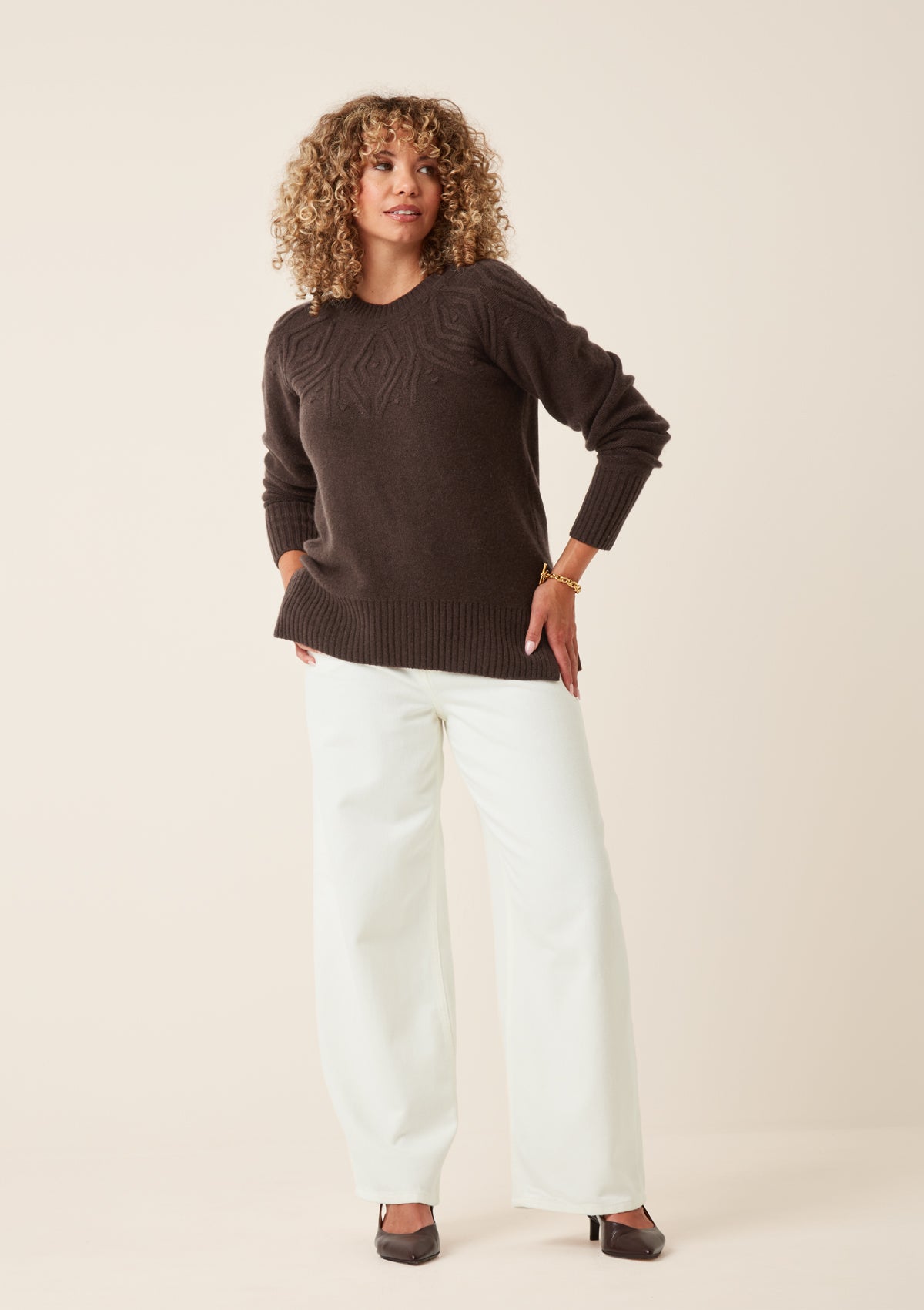 Cable Yoke Sweater in Americano Brown