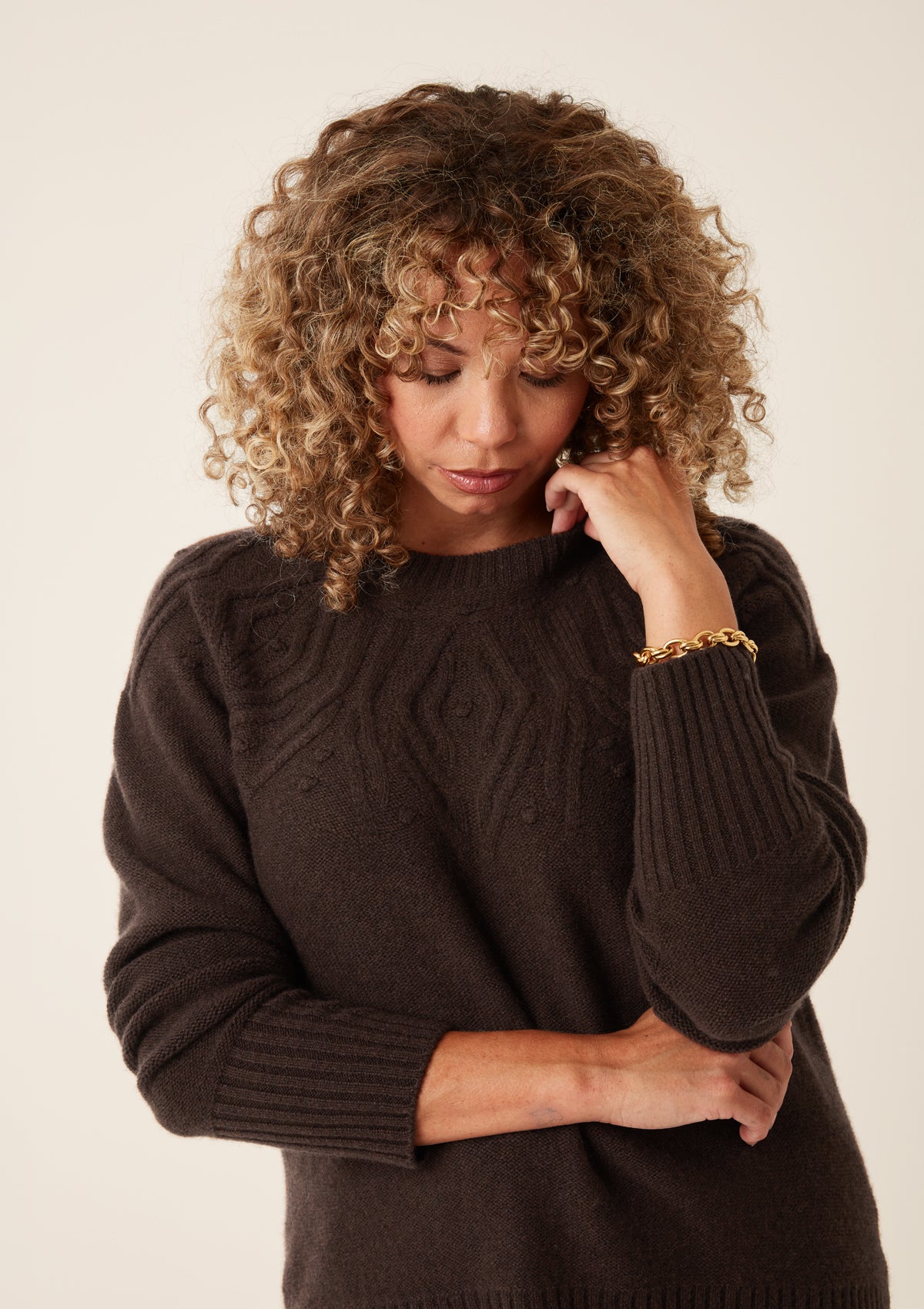 Cable Yoke Sweater in Americano Brown