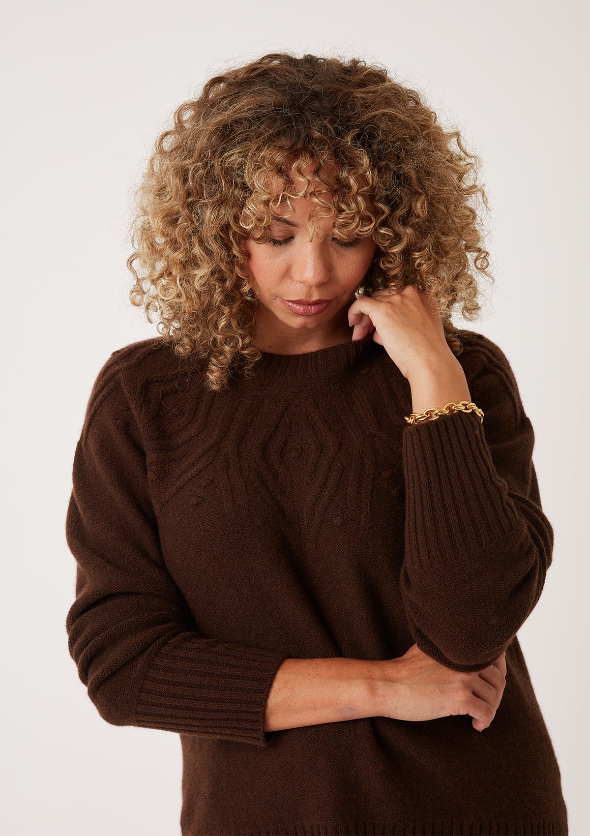 Cable Yoke Sweater in Americano Brown