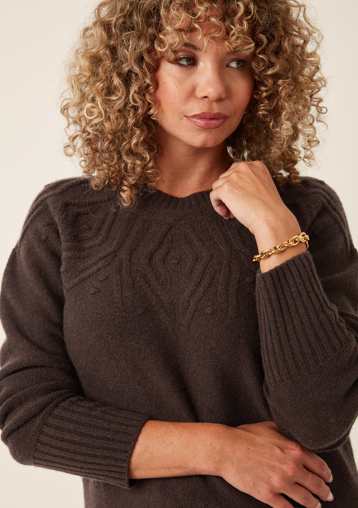 Cable Yoke Sweater in Americano Brown