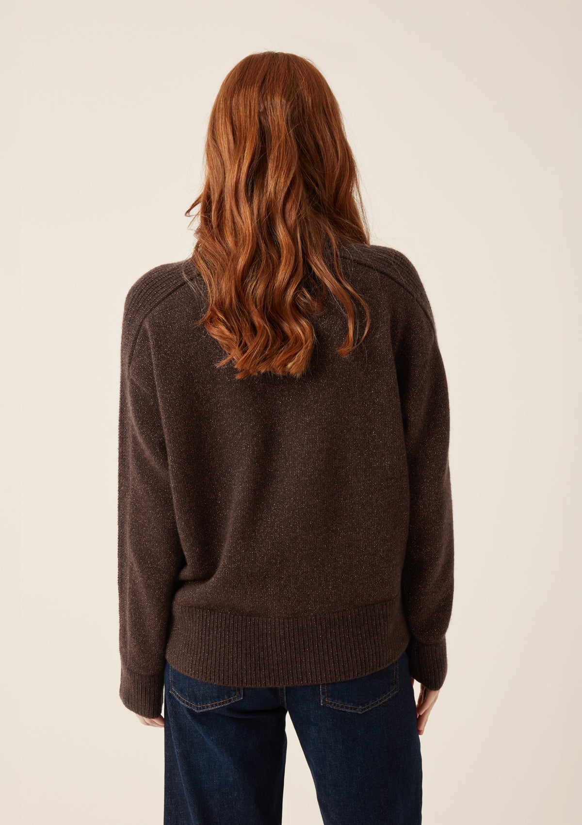 Cashmere Longline Crew Neck Sweater in Americano/Bronze Lurex