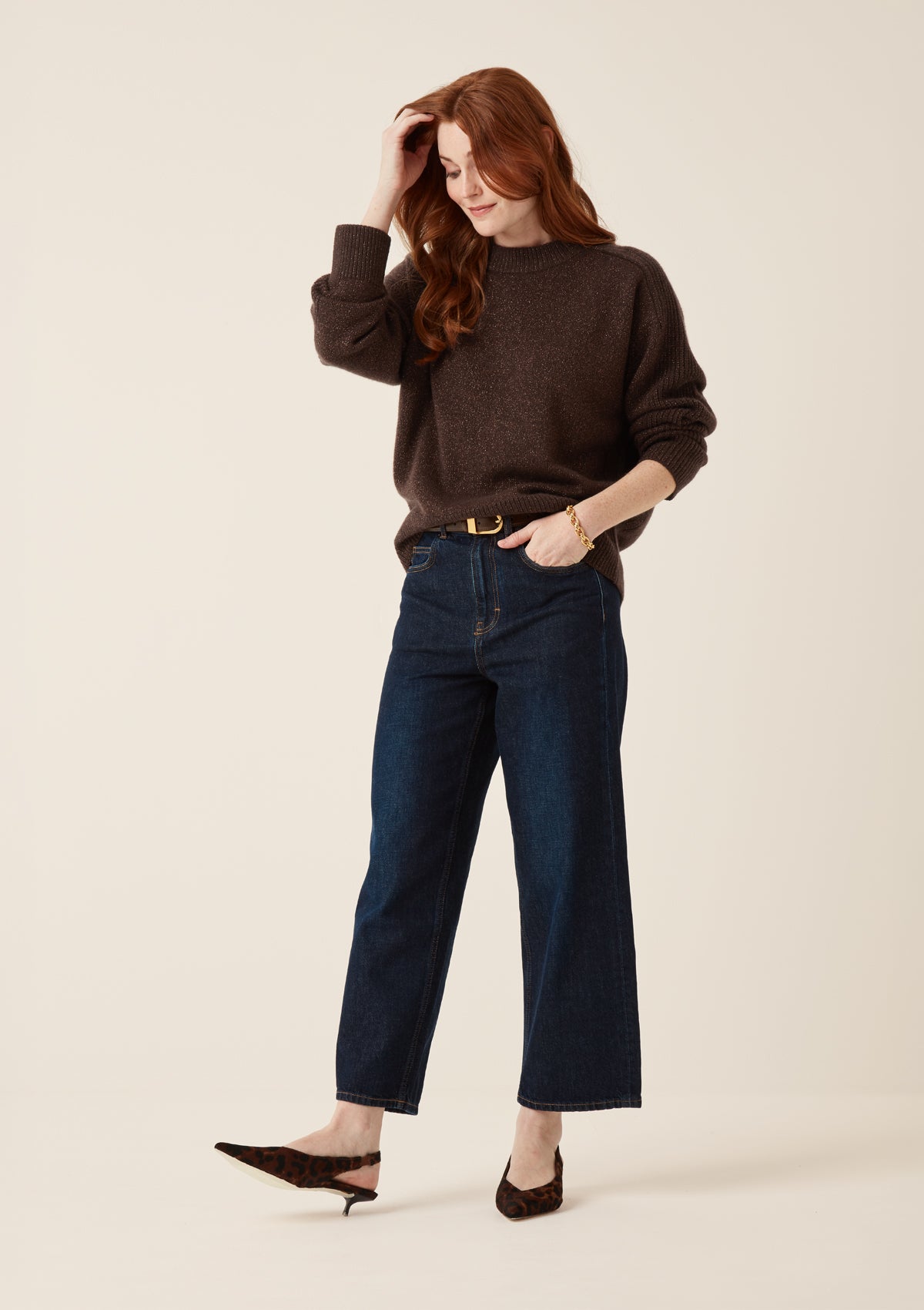 Cashmere Longline Crew Neck Sweater in Americano/Bronze Lurex