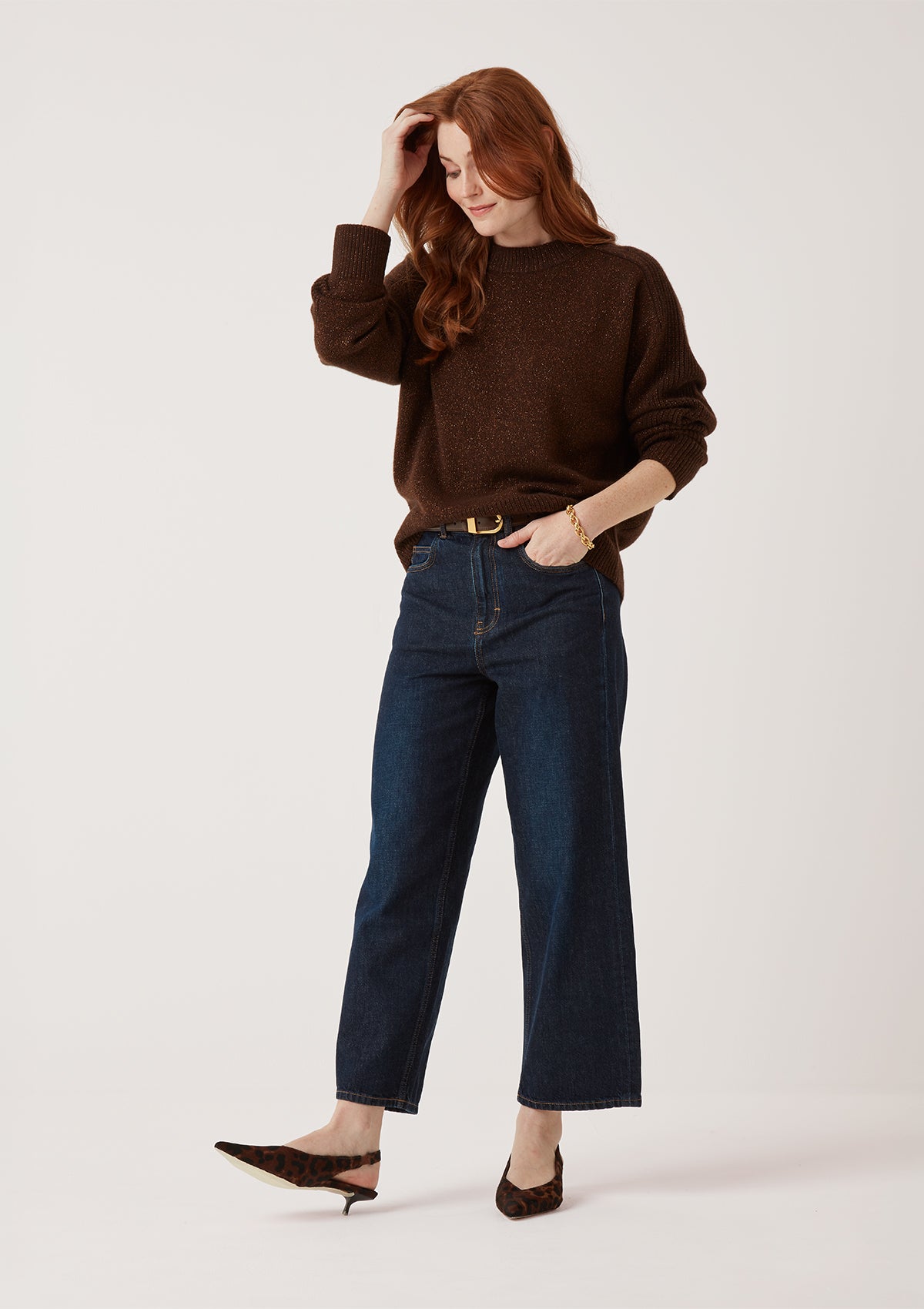 Cashmere Longline Crew Neck Sweater in Americano/Bronze Lurex