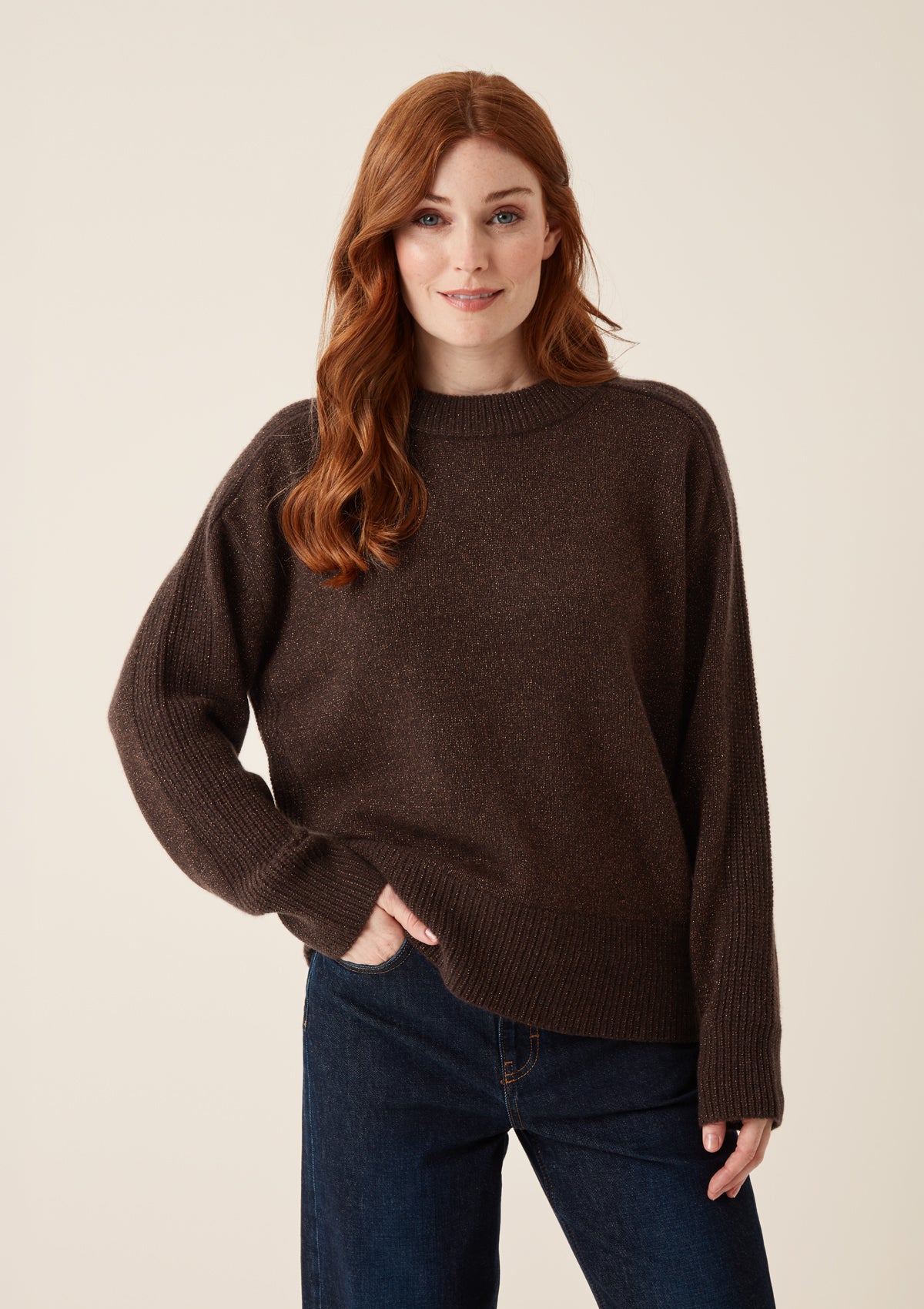 Cashmere Longline Crew Neck Sweater in Americano/Bronze Lurex