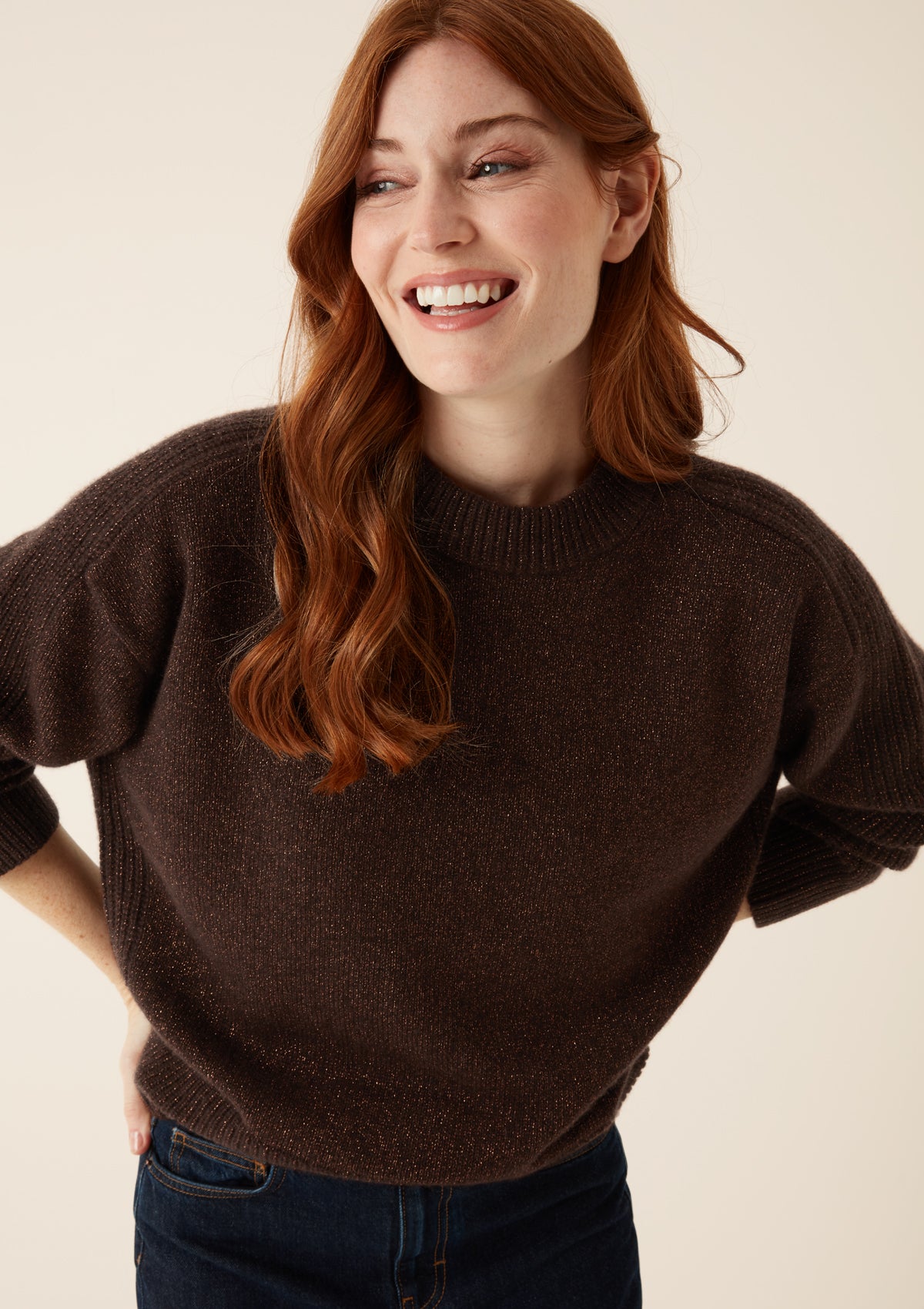 Cashmere Longline Crew Neck Sweater in Americano/Bronze Lurex