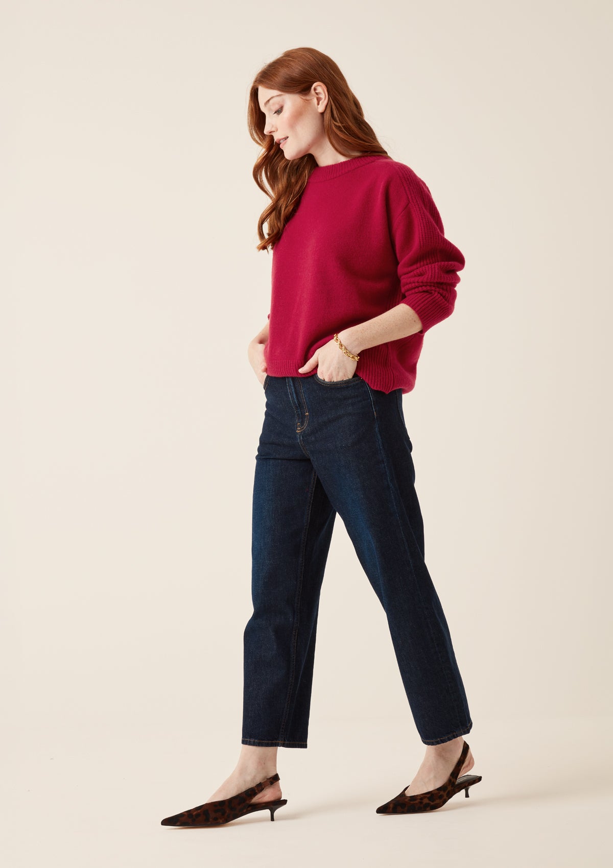 Cashmere Longline Crew Neck Sweater in Garnet Red