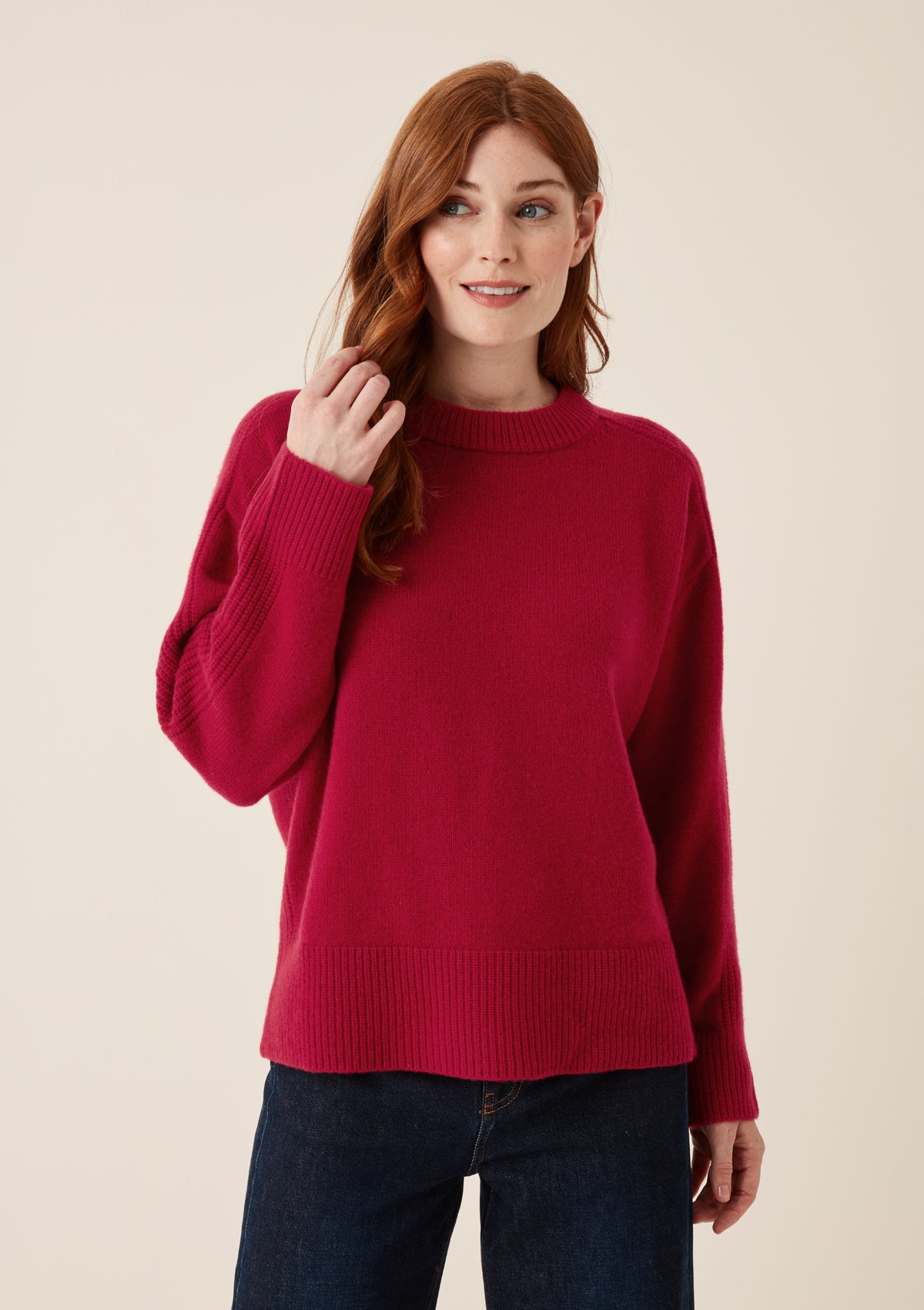 Cashmere Longline Crew Neck Sweater in Garnet Red