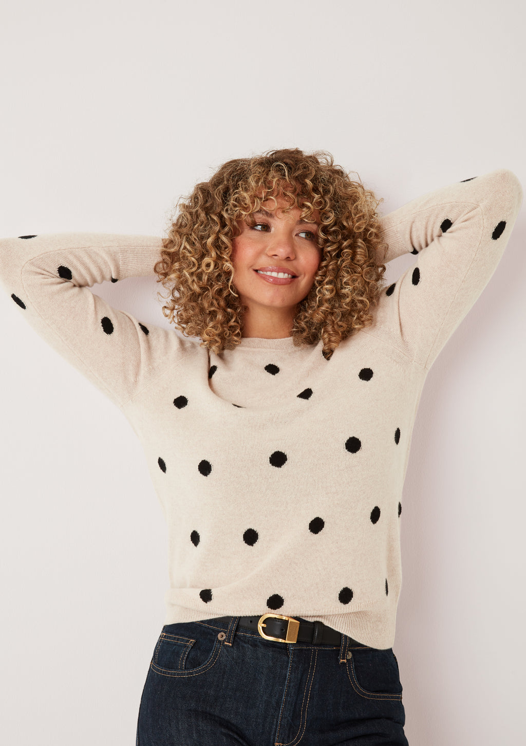 Intarsia Spot Crew Neck Sweater Wheat