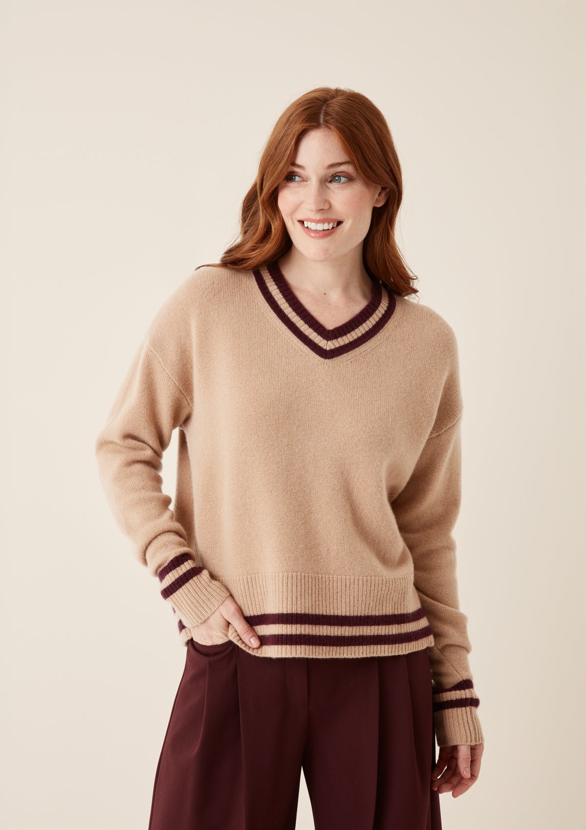 Striped Tipped V Neck Lofty Sweater in Chanterelle