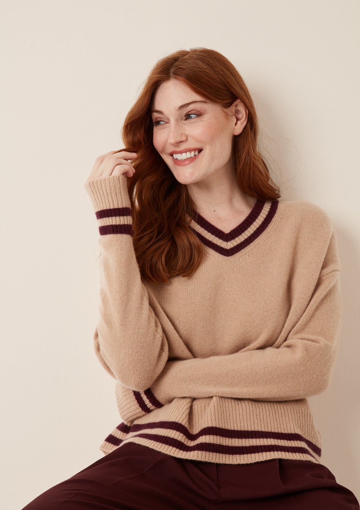 Striped Tipped V Neck Lofty Sweater in Chanterelle