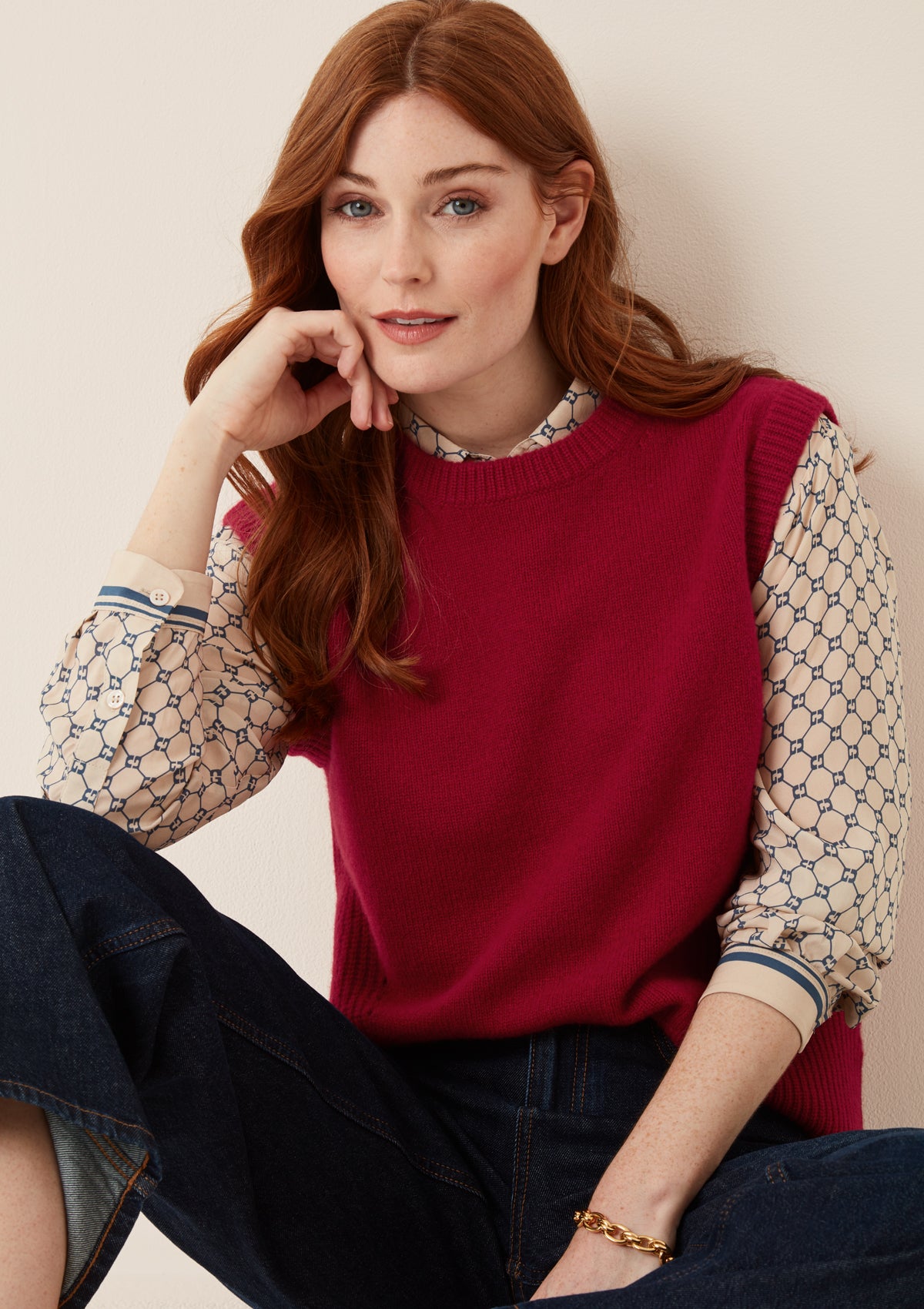 Ribbed Detail Tank Sweater in Garnet Red