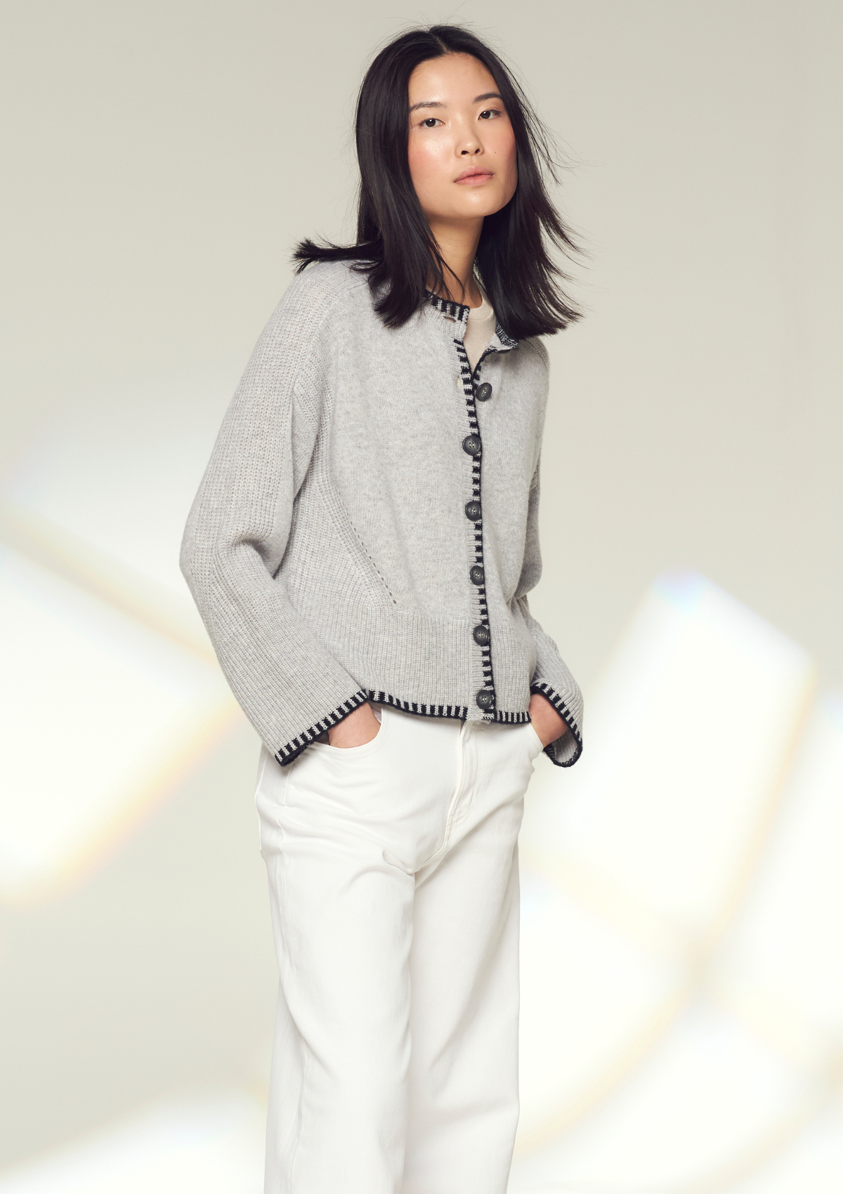 Cashmere Blanket Stitch Cardigan in Mist Grey