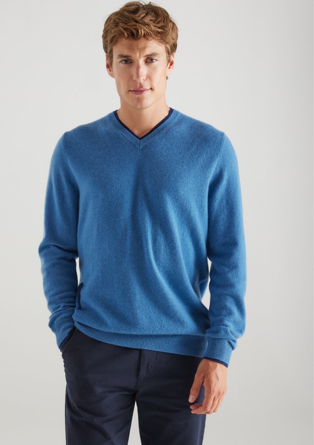 Mens Cashmere V Neck Sweater in Marina Blue