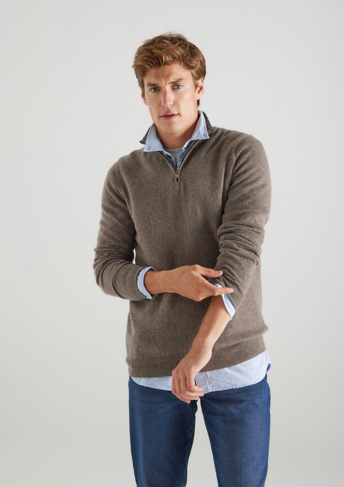 Mens Cashmere Half Zip Sweater in Otter Brown