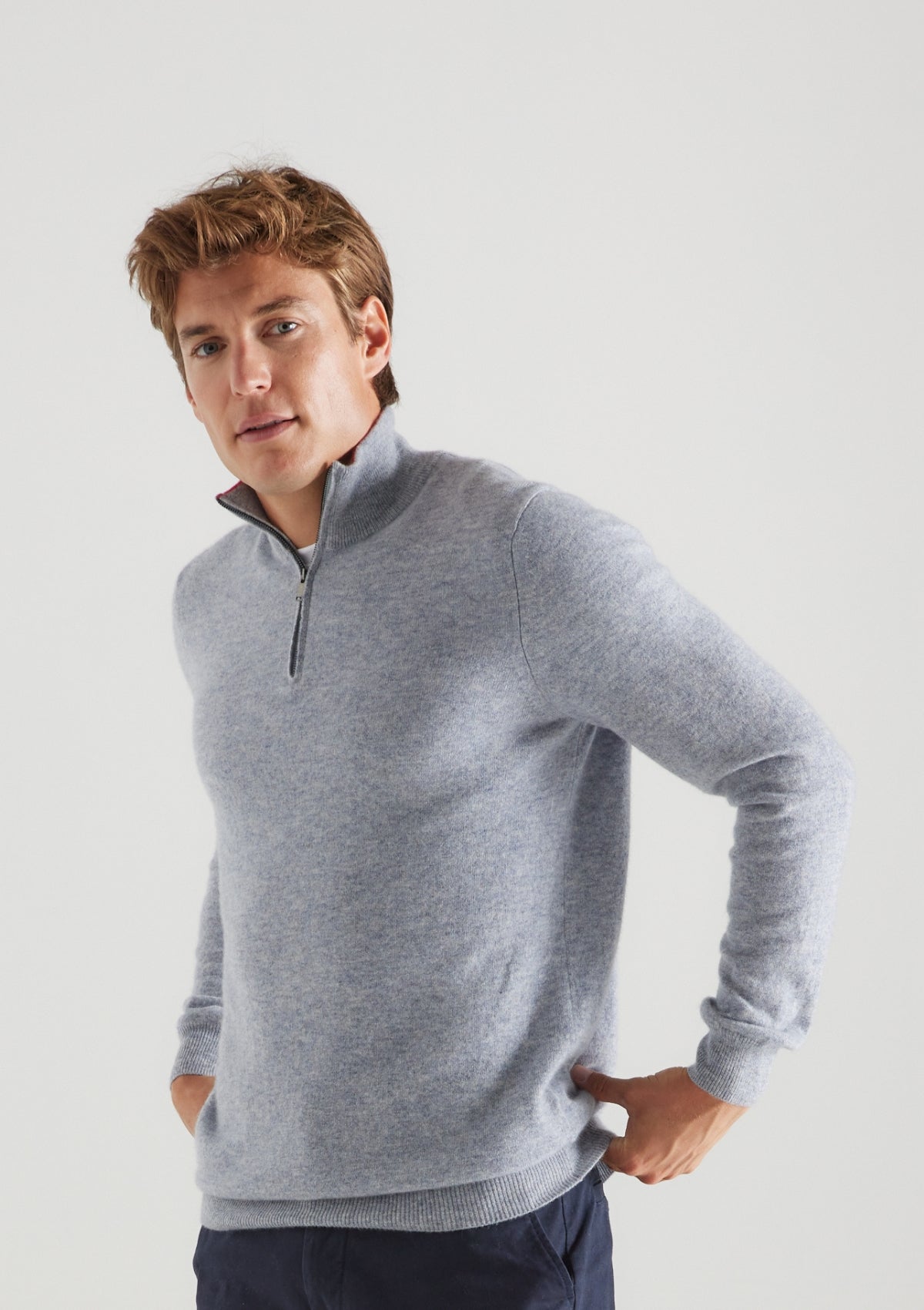 Mens Cashmere Half Zip Sweater in Quarry Grey