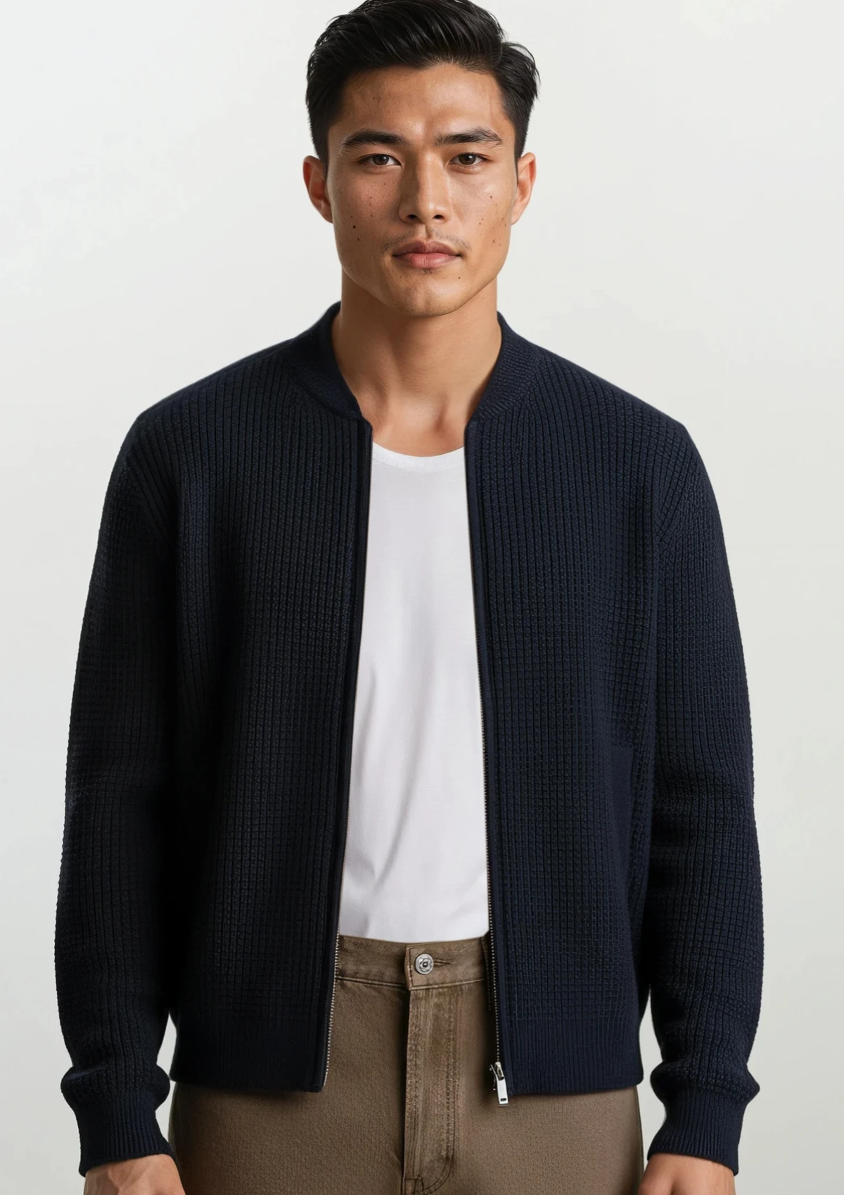 Zip Through Bomber Jacket in Navy Blue