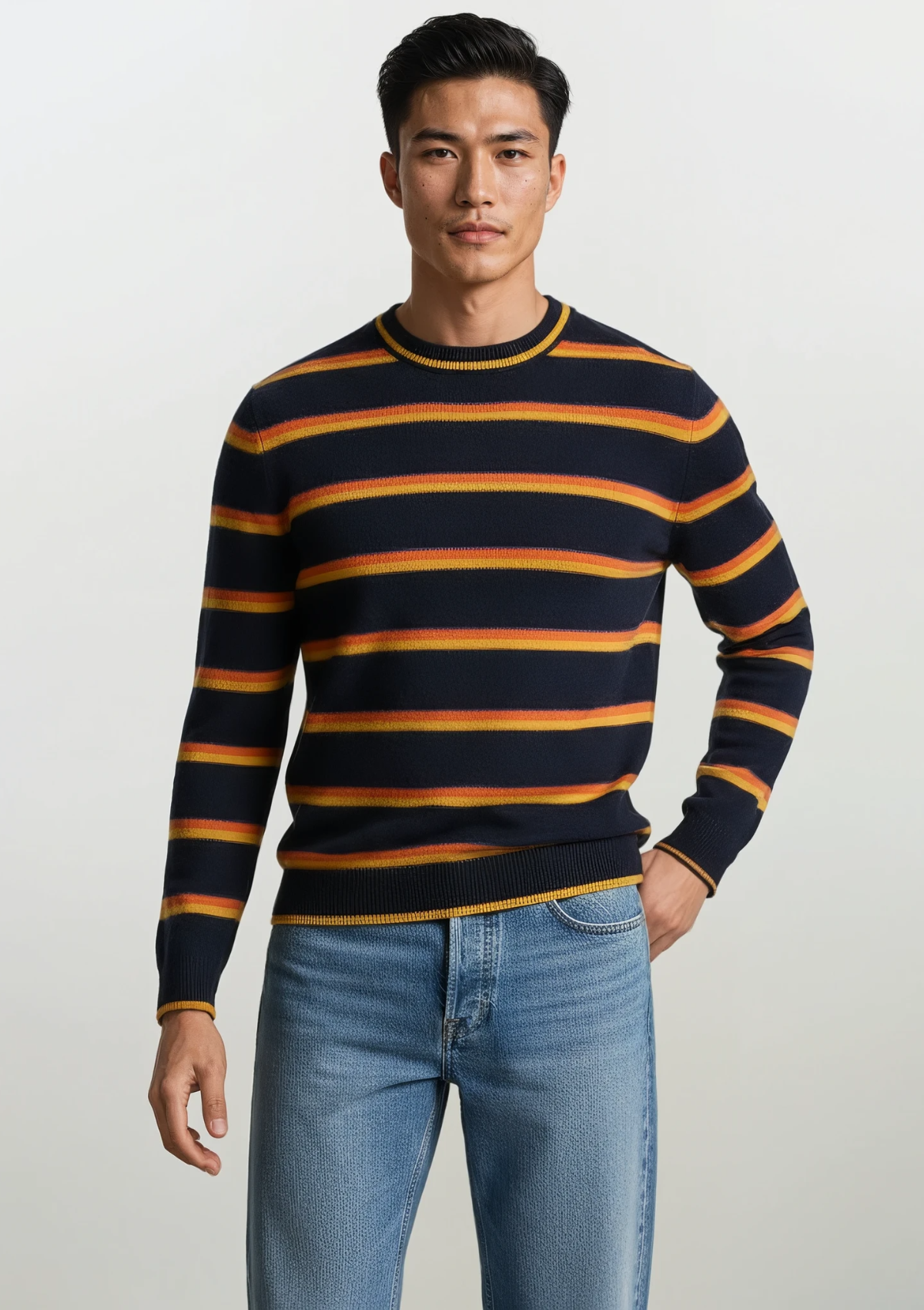 Crew Neck Sweater in Striped Navy Blue Mix