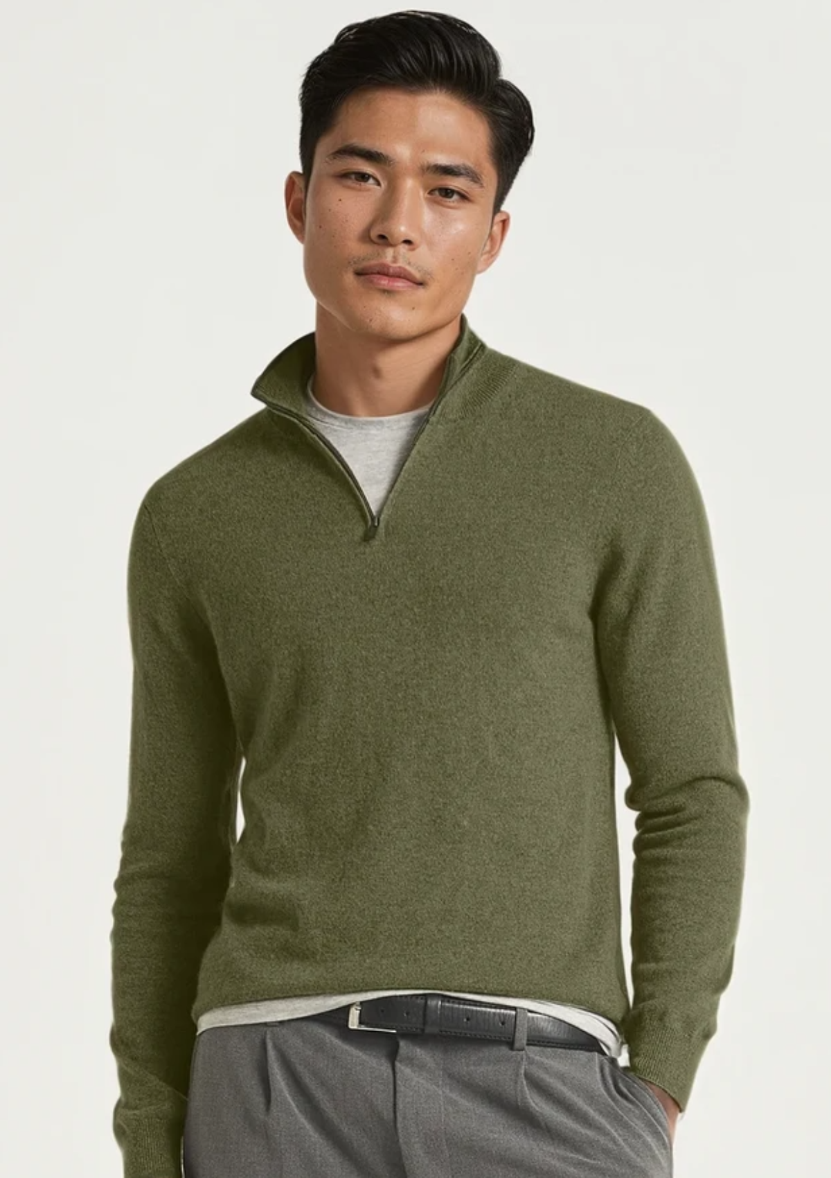 Mens Cashmere Half Zip Sweater in Bayleaf Green