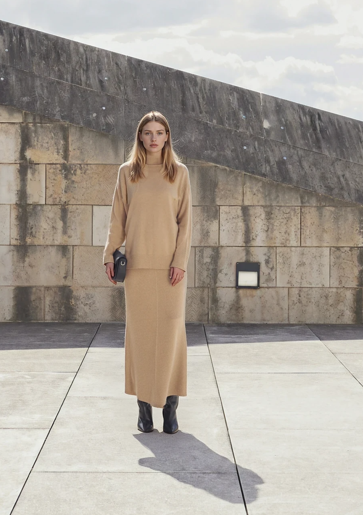 Cashmere Chevron Skirt in Praline