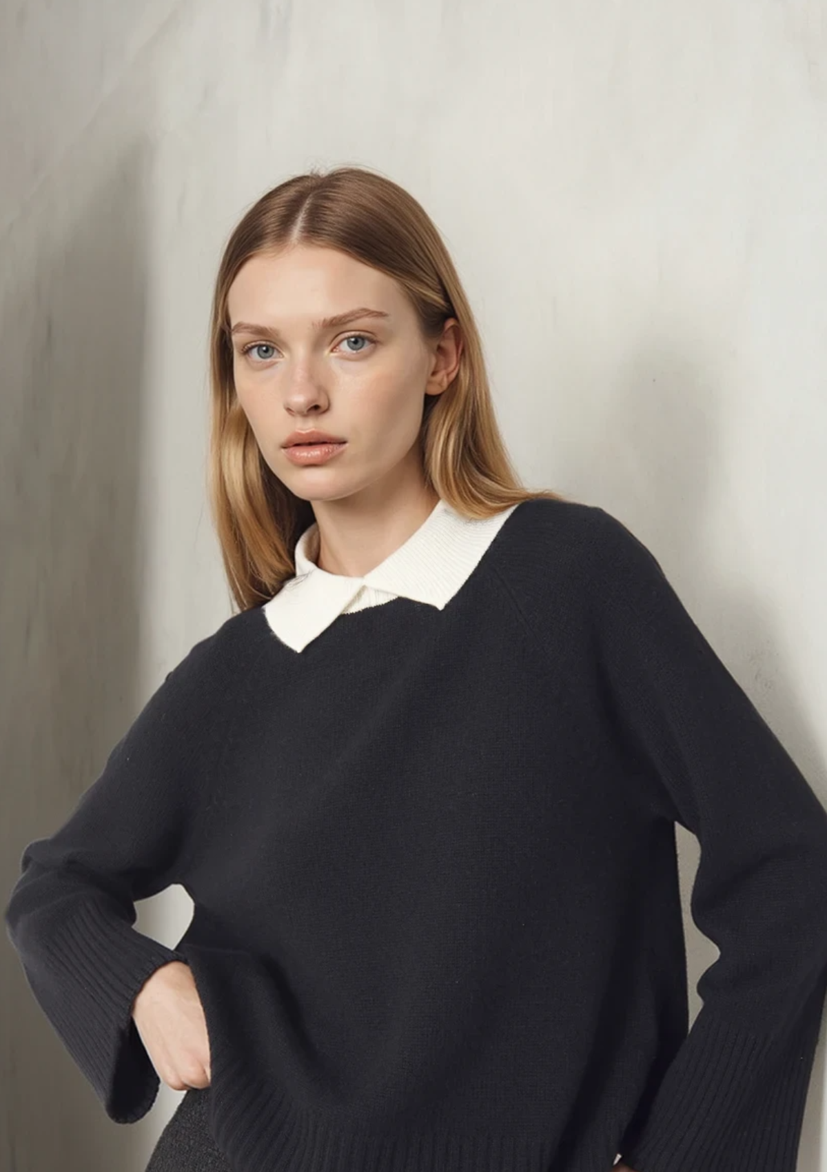 Cashmere A-Line Collared Sweater in Chalk/Black