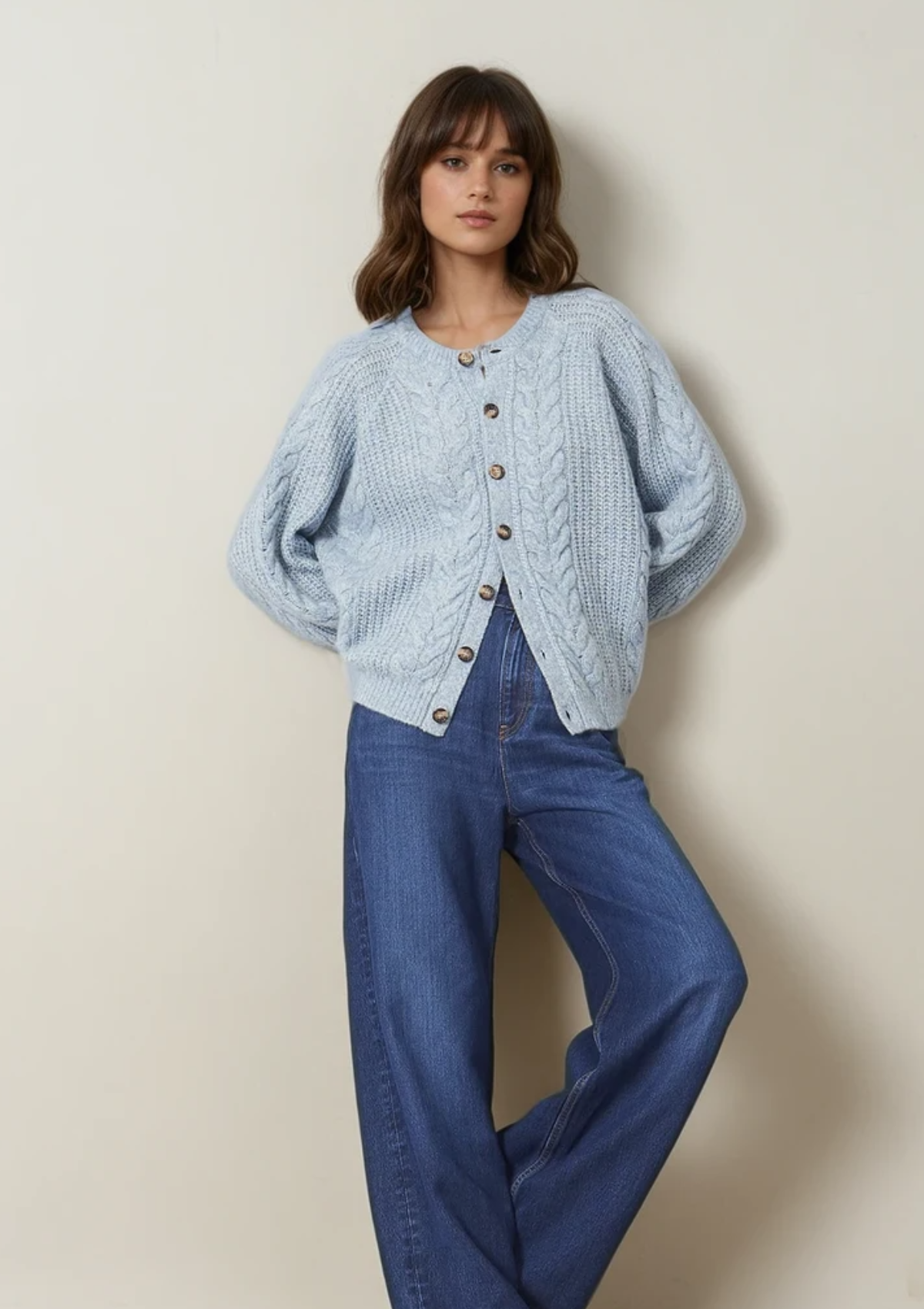 Silk & Cashmere Blend Cable Cardigan in Vintage Blue