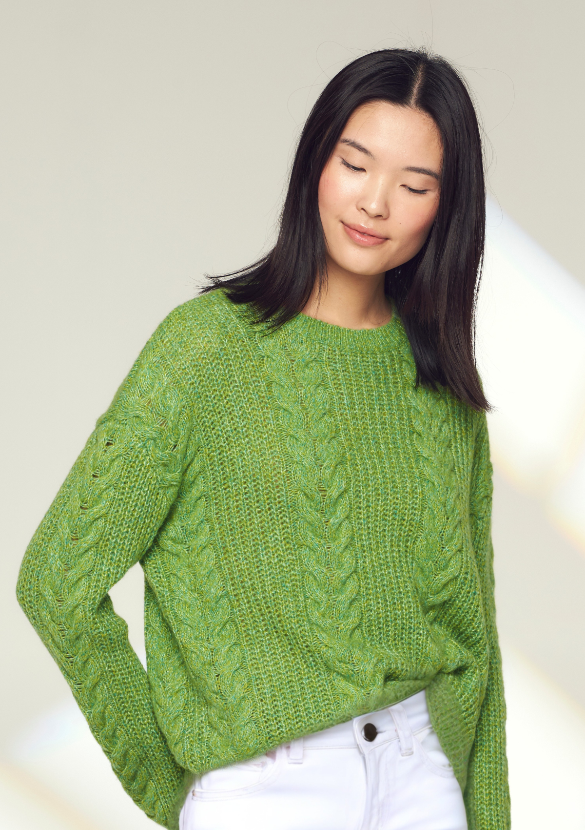 Silk Cashmere Blend Cable Crew Neck Sweater in Sedum Green